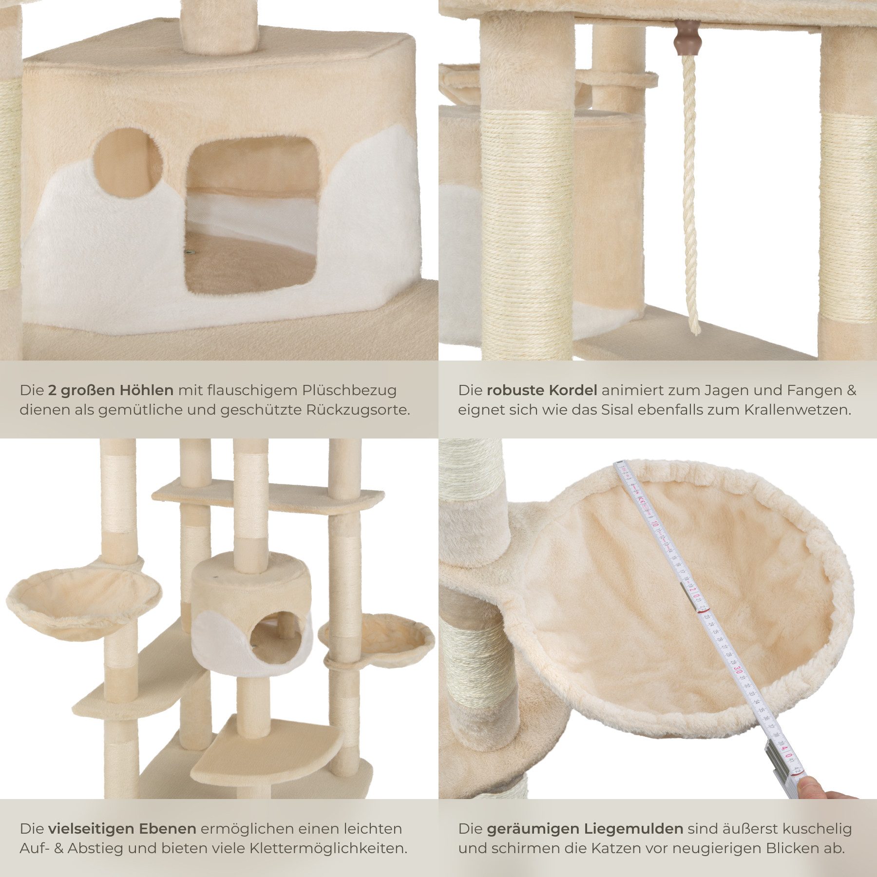 tectake Kratzbaum Katzenbaum Fippi 201 cm Diverse Farben beige-Weiss, Vielseitig mit robusten Sisalstangen und Plüschoberfläche