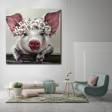 TPFLiving Kunstdruck (OHNE RAHMEN) Poster - Leinwand - Wandbild, Nettes Schwein mit Blumen auf dem Kopf (Verschiedene Größen), Farben: Leinwand bunt - Größe: 60x60cm