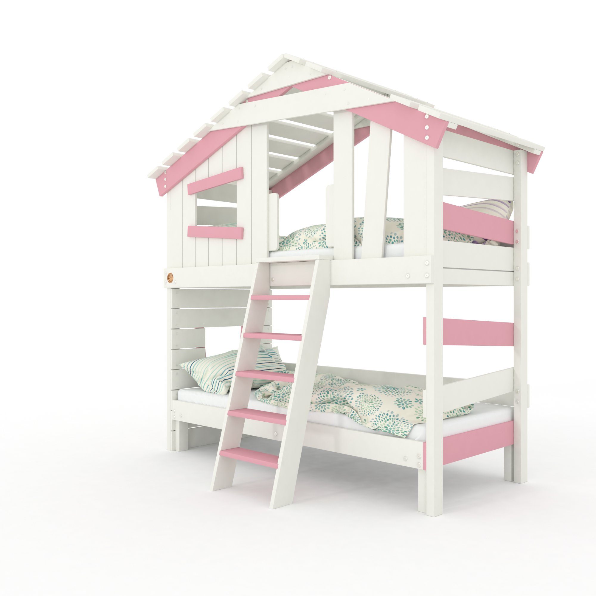 bibex Hochbett ALPIN CHALET Hochbett, Kinderbett, Doppelbett, Etagenbett - Rosa/Weiss
