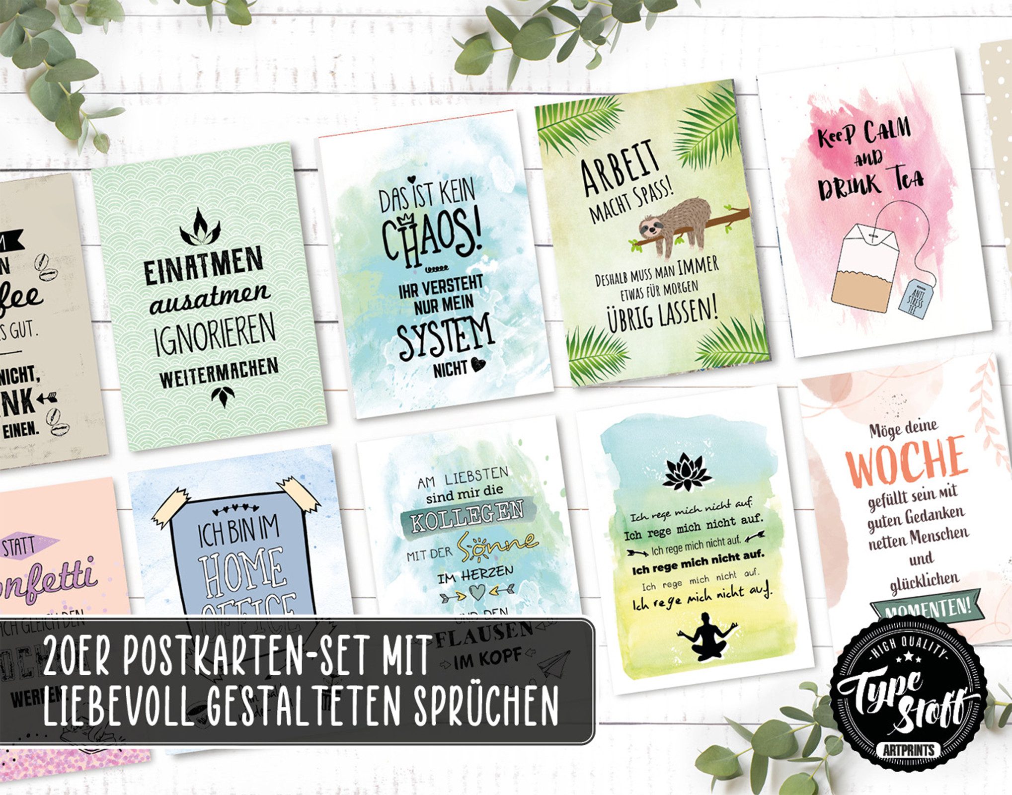TypeStoff Grußkarten TypeStoff 20er Postkarten-Spar-Set DIN A6 – 20 Sprüchen & Motive