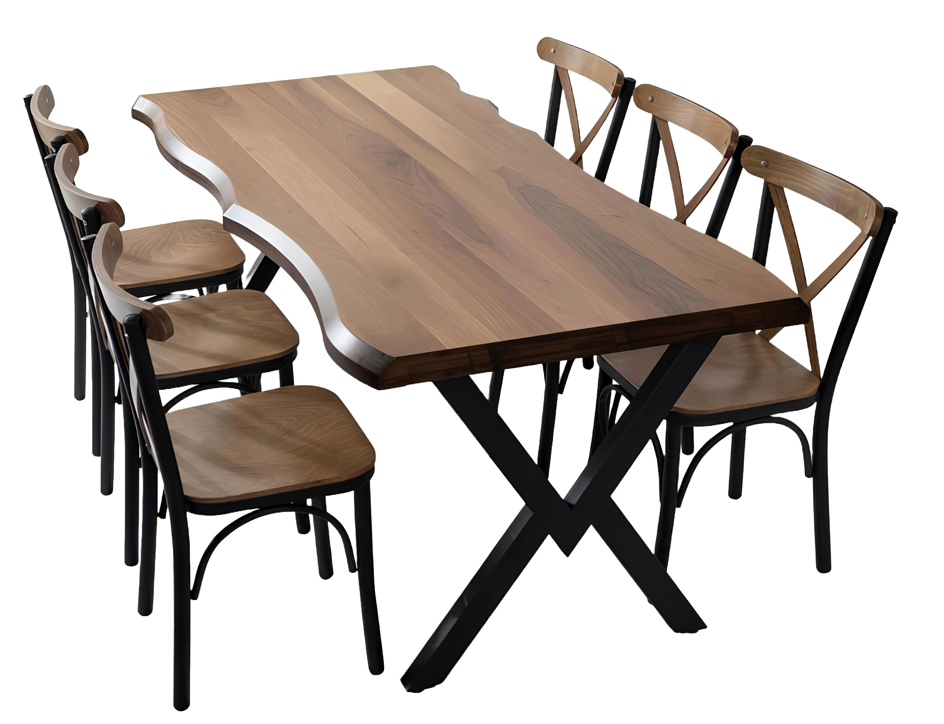 Essgruppe Sechser-Set aus Esstisch und Stühlen, Holz und Metall, Tischgruppe für