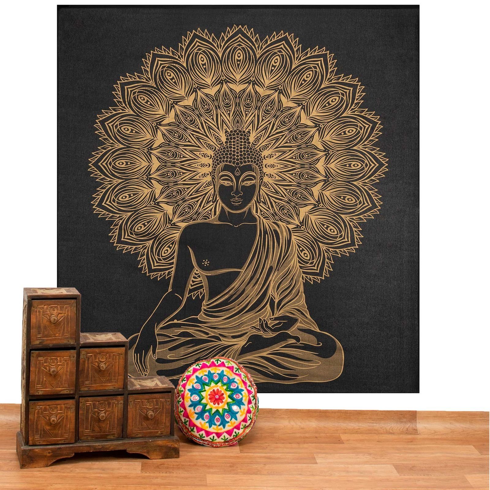 Wandteppich Tagesdecke Wandbehang Wandteppich Deko Tuch Buddha Meditation Gold XXL, KUNST UND MAGIE