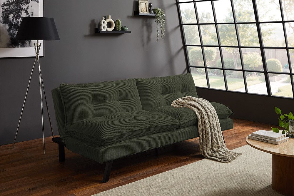 riess-ambiente Schlafsofa COCOONING 190cm grün - Cord, 3-Sitzer, Eukalyptusholz, flexibel, weich, Einzelartikel 1 Teile, Moderne Couch - ideal für kleinere Wohnräume, Apartments & Gästezimmer