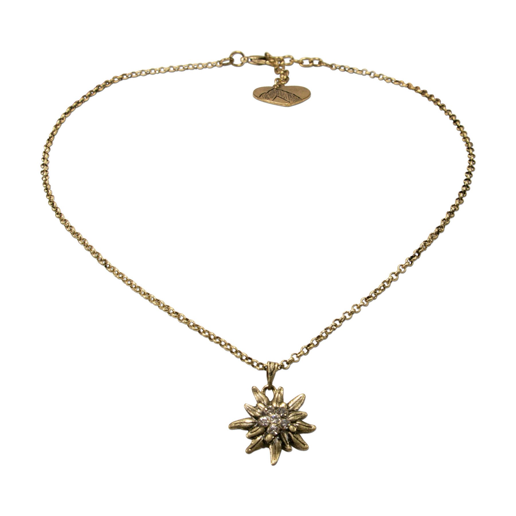 Alpenflüstern Collier Trachtenkette Strass-Edelweiß klein (antik-gold-farben), - Damen-Trachtenschmuck Dirndlkette