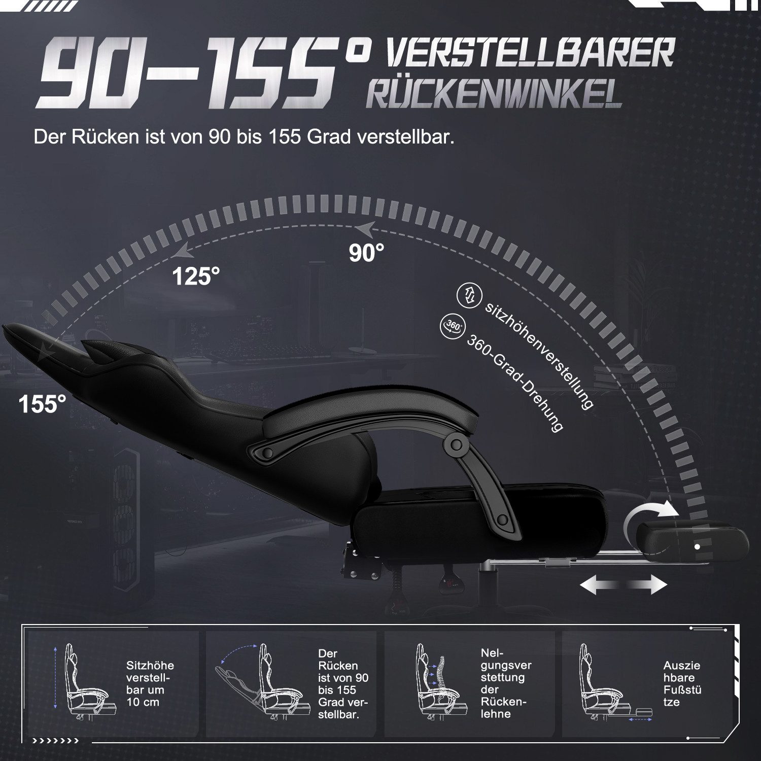 Adormii Gaming-Stuhl Gaming Stuhl ergonomisch Gaming Chair Bürostuhl verstellbare (Gaming Stuhl mit verstellbaren Lendenkissen, Armlehne und Kopfstütze, Gamer S – Bild 3 von 5