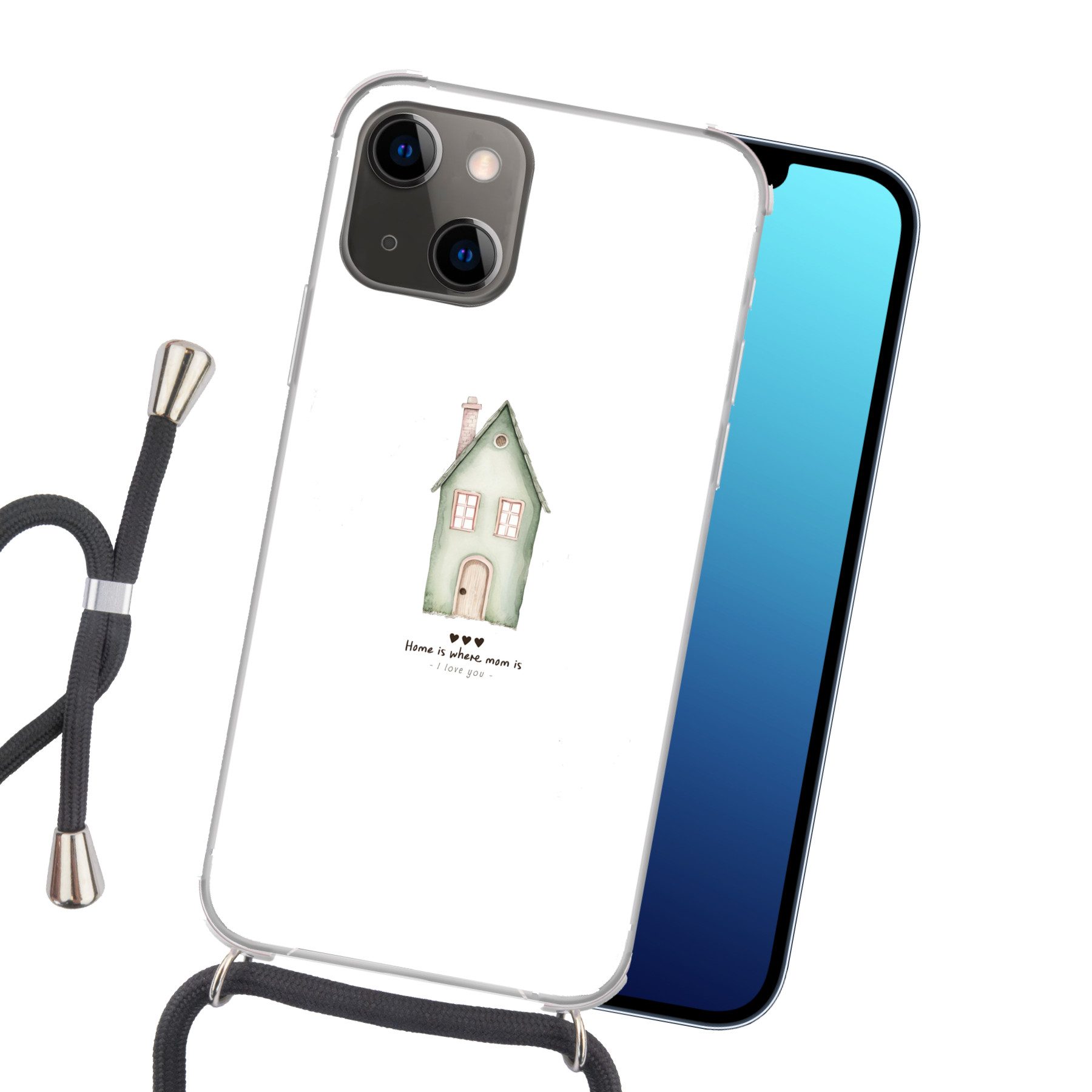 MuchoWow Handyhülle für Apple iPhone 13 Mini Landhaus - Grün - Text - Liebevoll, Tragbare Handyhüllen mit Kette zum umhängen, Handykette Handyband