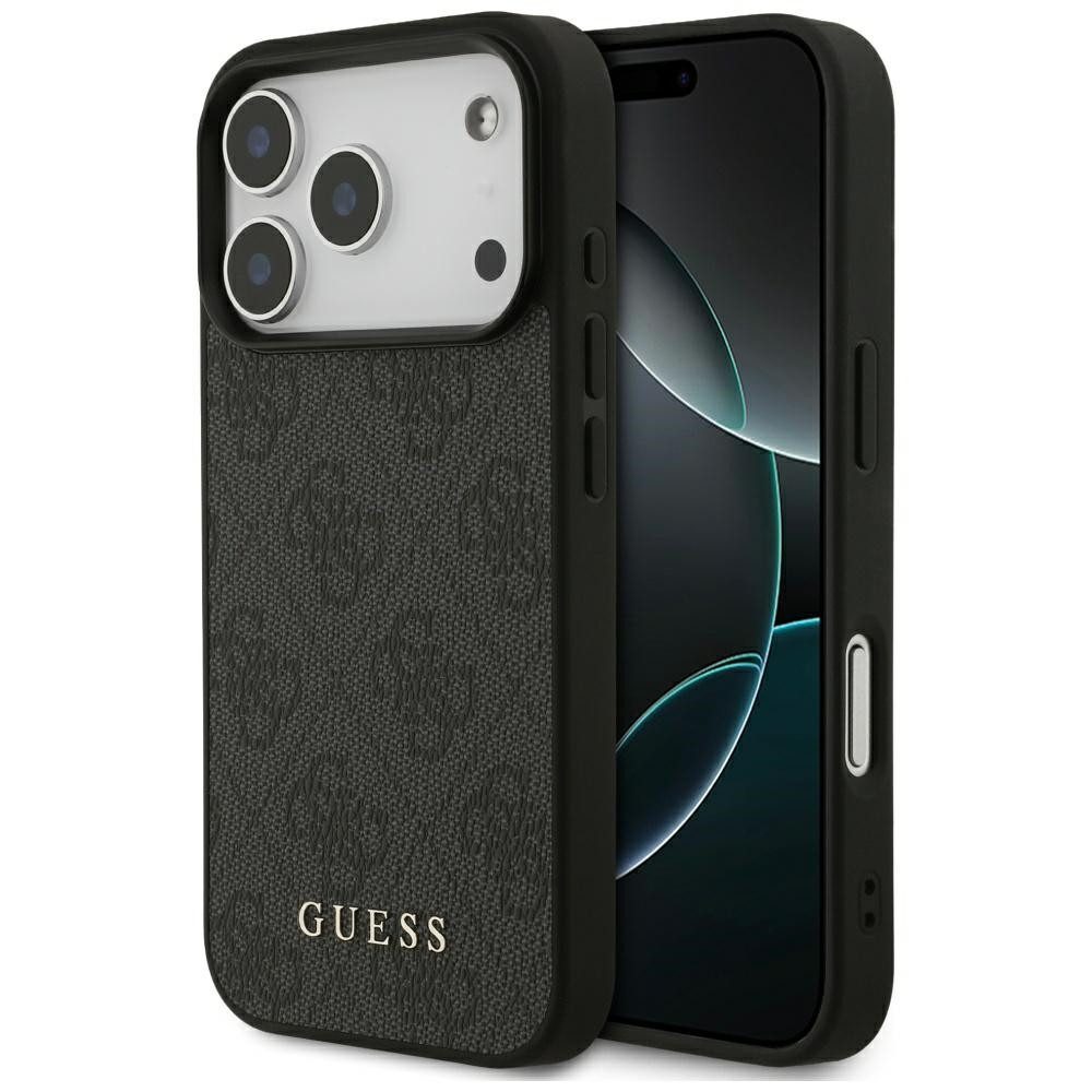 Guess Handyhülle iPhone 17 Pro Kunstleder grau Classic Logo goldfarben Metall 6,3 Zoll, Kantenschutz