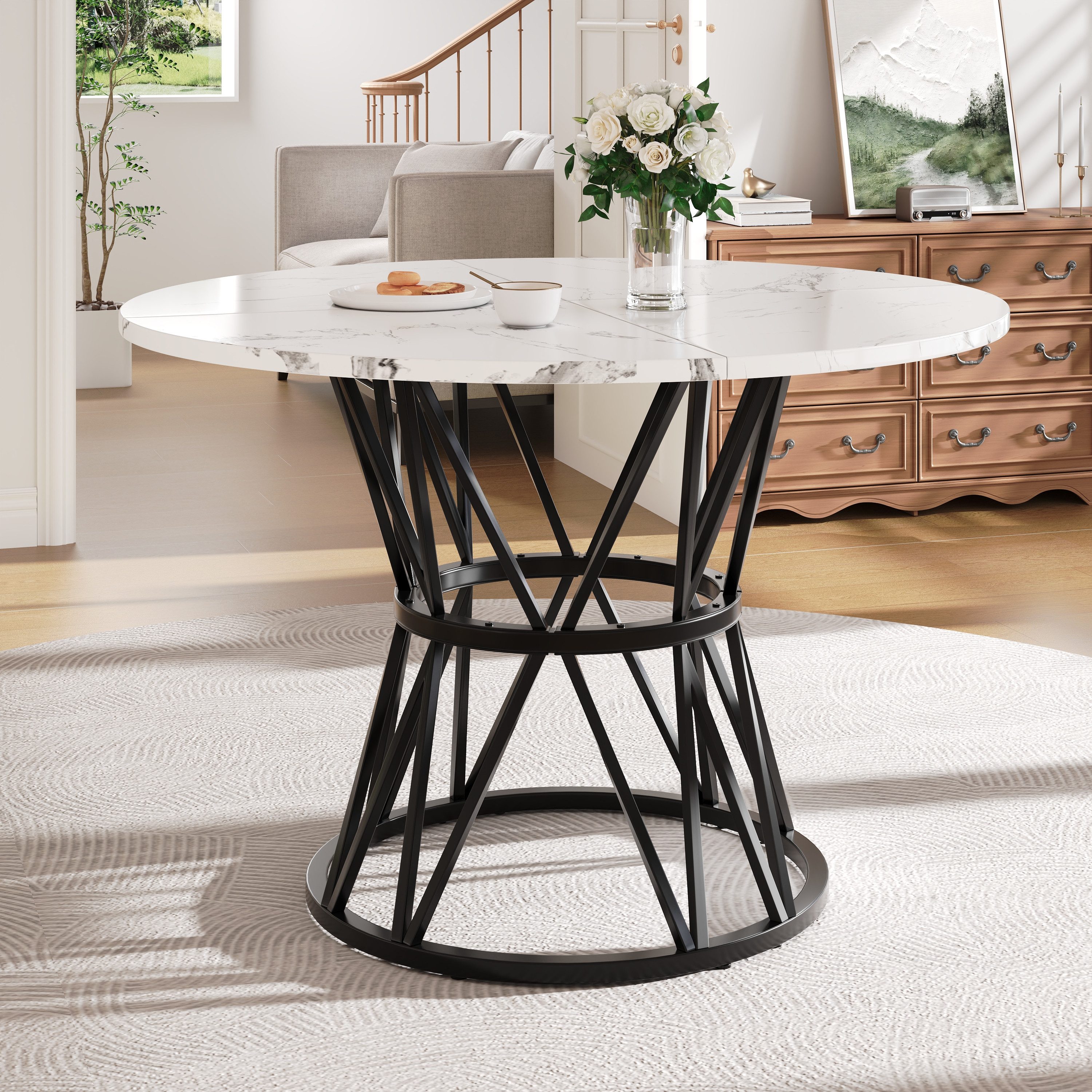KLAM HOME Esstisch Runder Esstisch (100×100×76cm), Küchen-Esstisch, runder Couchtisch (stilvolle Tischbeine aus Metall, Tischplatte aus MDF-Marmor, Gold), geeignet für Esszimmer, Wohnzimmer