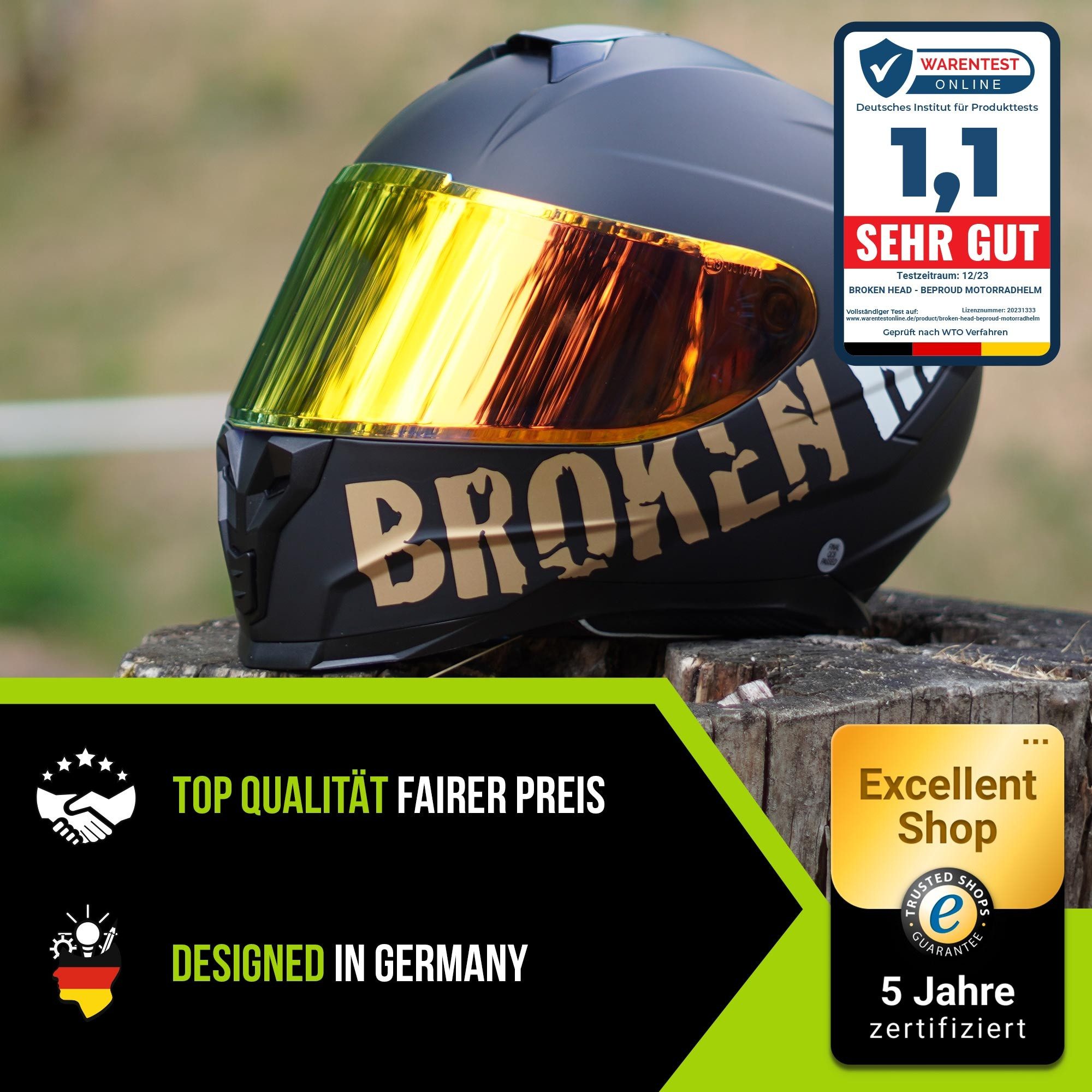 Broken Head Motorradhelm BeProud Sport Gold (Mit Gold Verspiegeltem Visier), Hochwertiges Design