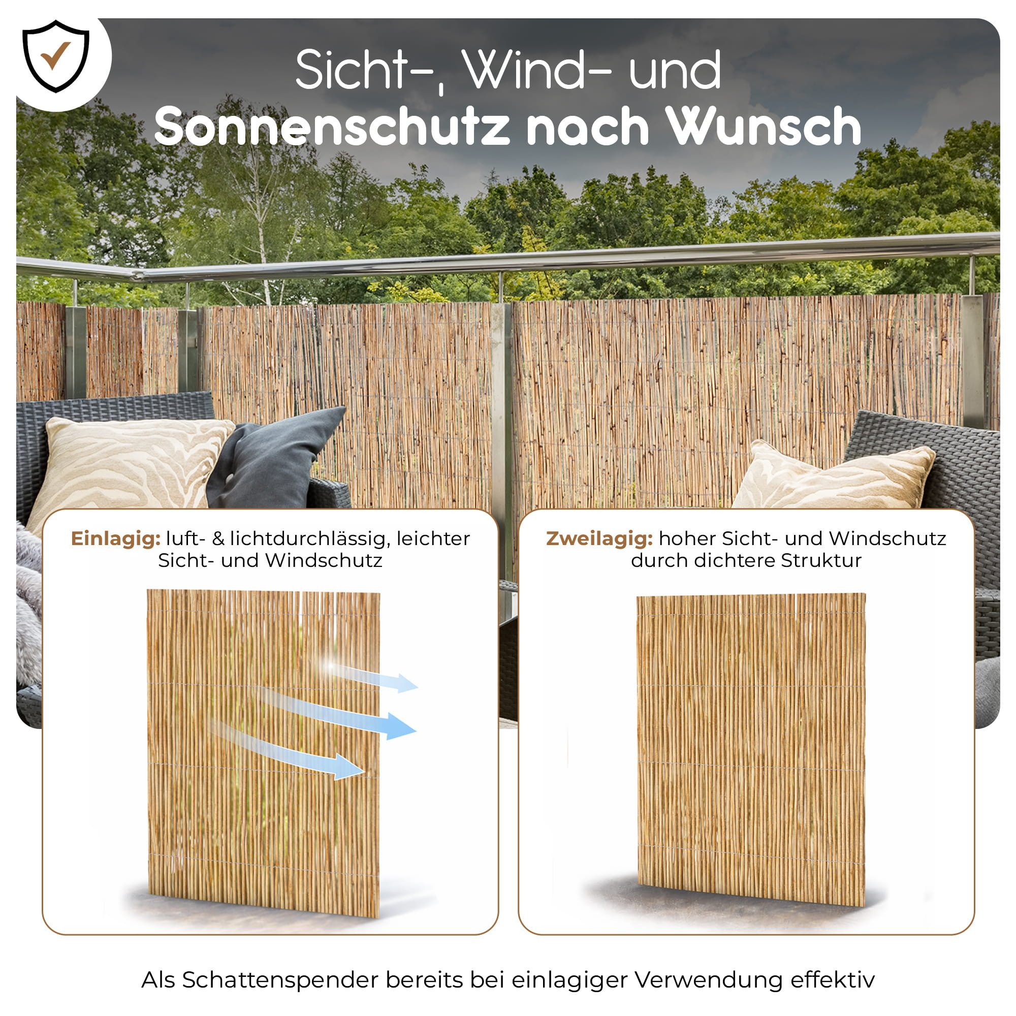 BooGardi Sichtschutzzaunmatten Schilfrohrmatte natur, (1-St., Sichtschutzmatte Schilf Höhe 50cm x Länge 150cm), Sichtschutz Schilfmatte Balkon Garten Terrasse