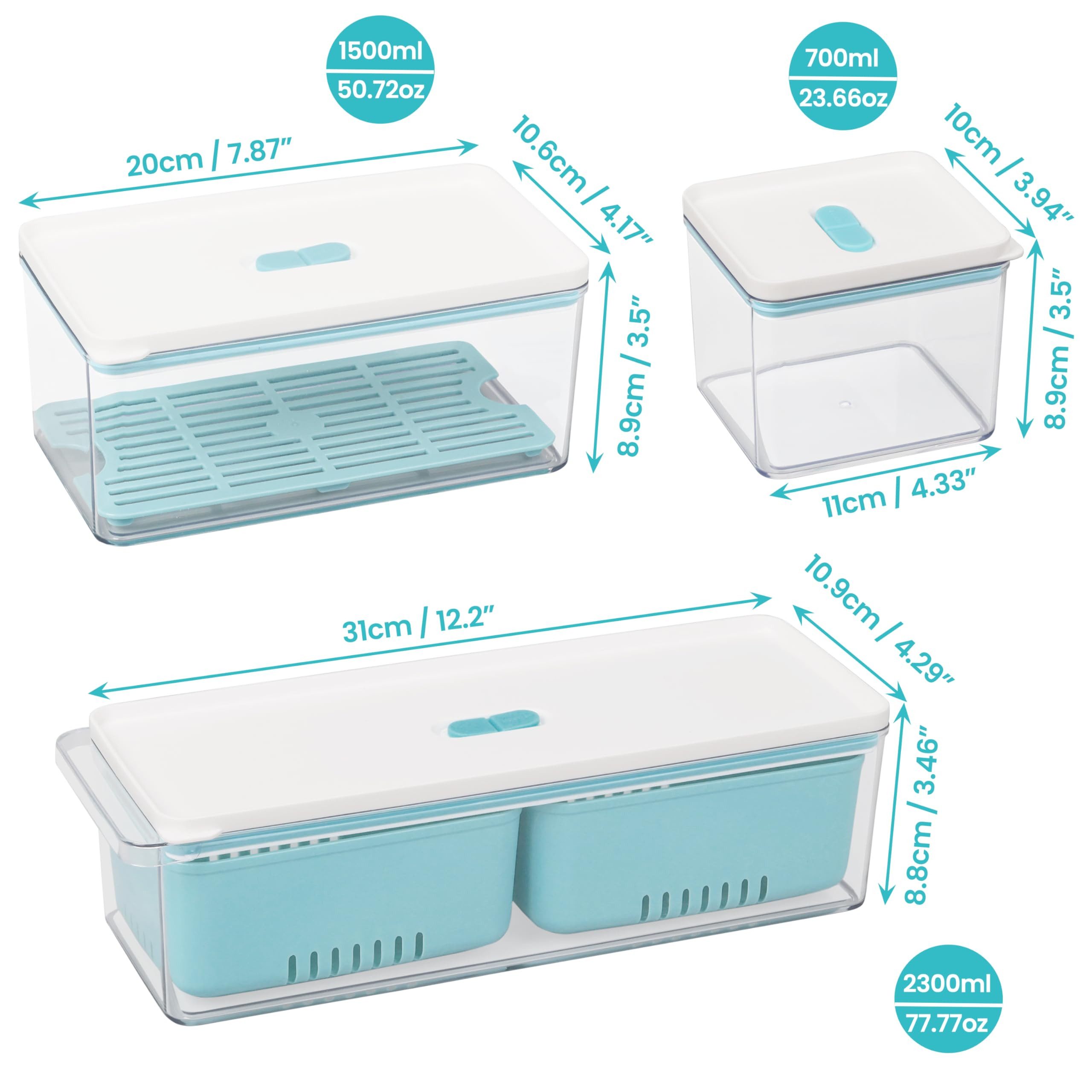 Belle Vous Aufbewahrungsbox BELLE VOUS Gemüsebox 3er-Pack stapelbar mit Deckel und Abtropfkorb (3 St) – Bild 2 von 5