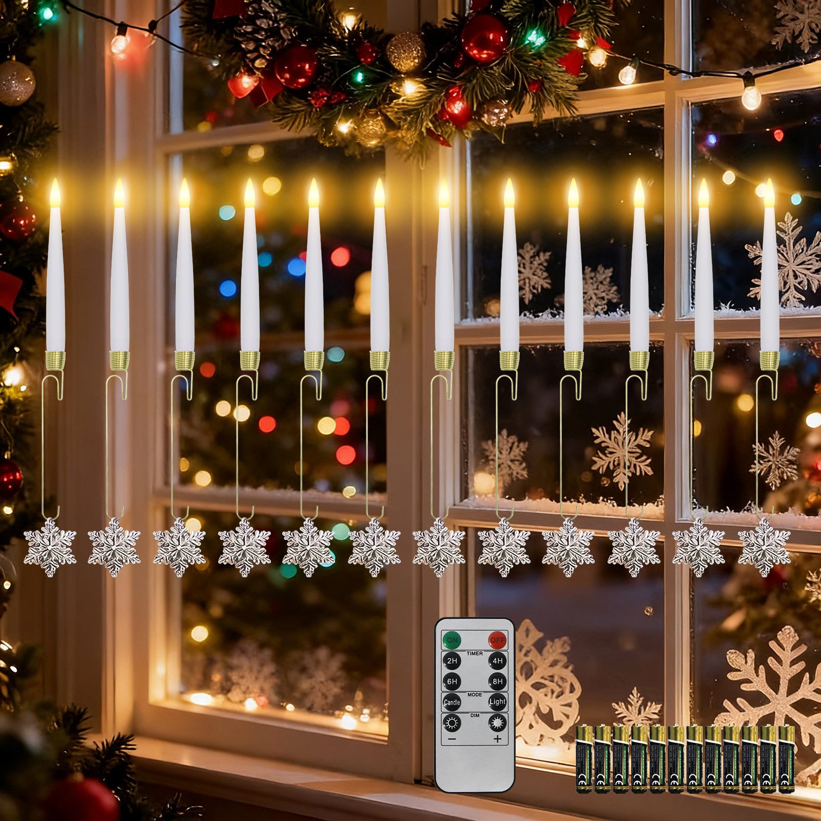 kisidus LED-Kerze LED Weinachtsbaum Kerzen mit Kunststoff-Schneeflockendekor 12pcs (mit Fernbedienung, Flammenlose Tafelkerzen mit Timerfunktion, LED Weihnachtsbaum kerzen mit 12 Batterien), Christbaumkerzen für Weihnachten, Heimdekoration
