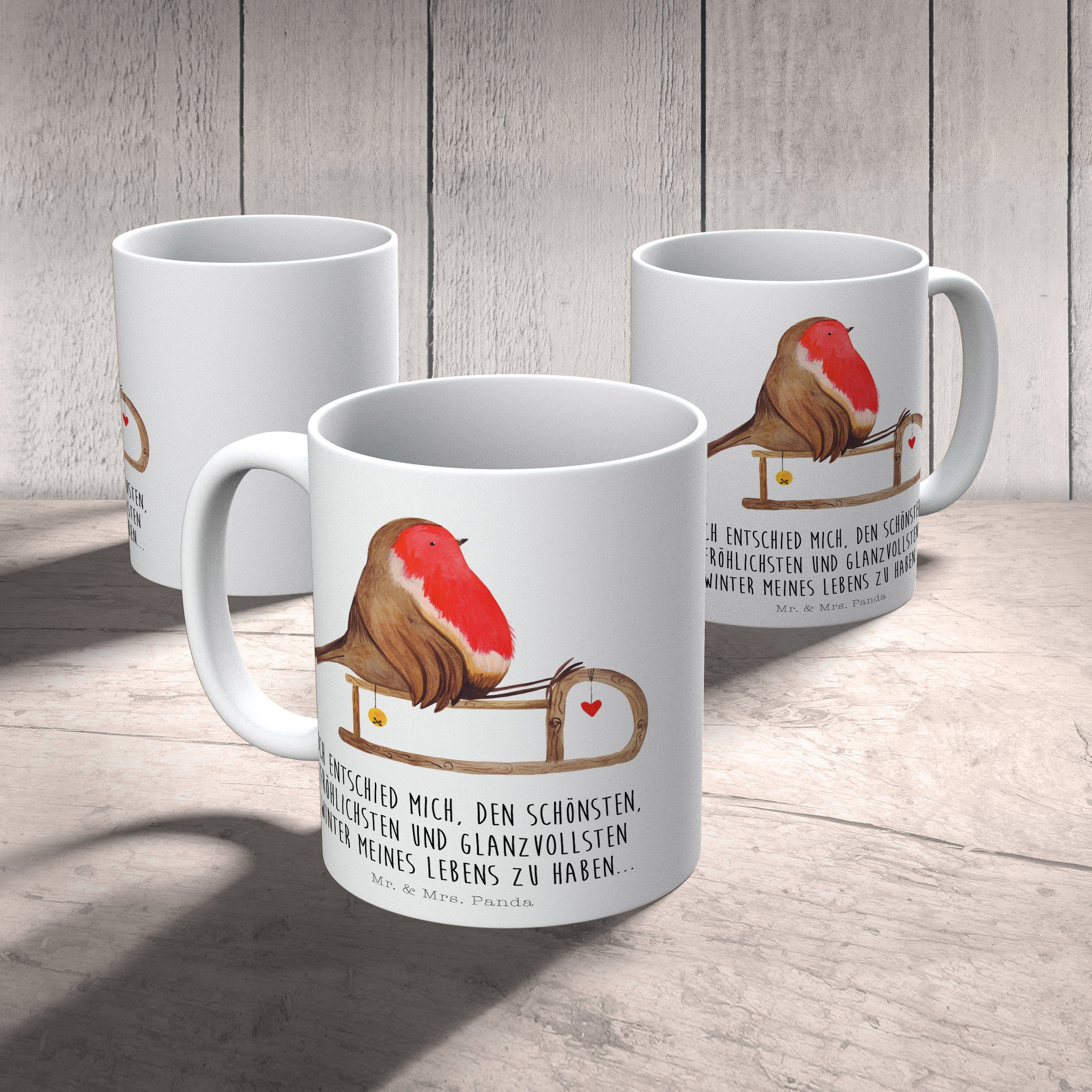 Mr. & Mrs. Panda Tasse Keramik Teetasse, Winter, Schlitten - - Geschenk, Weiß Rotkehlchen Kaffeetas