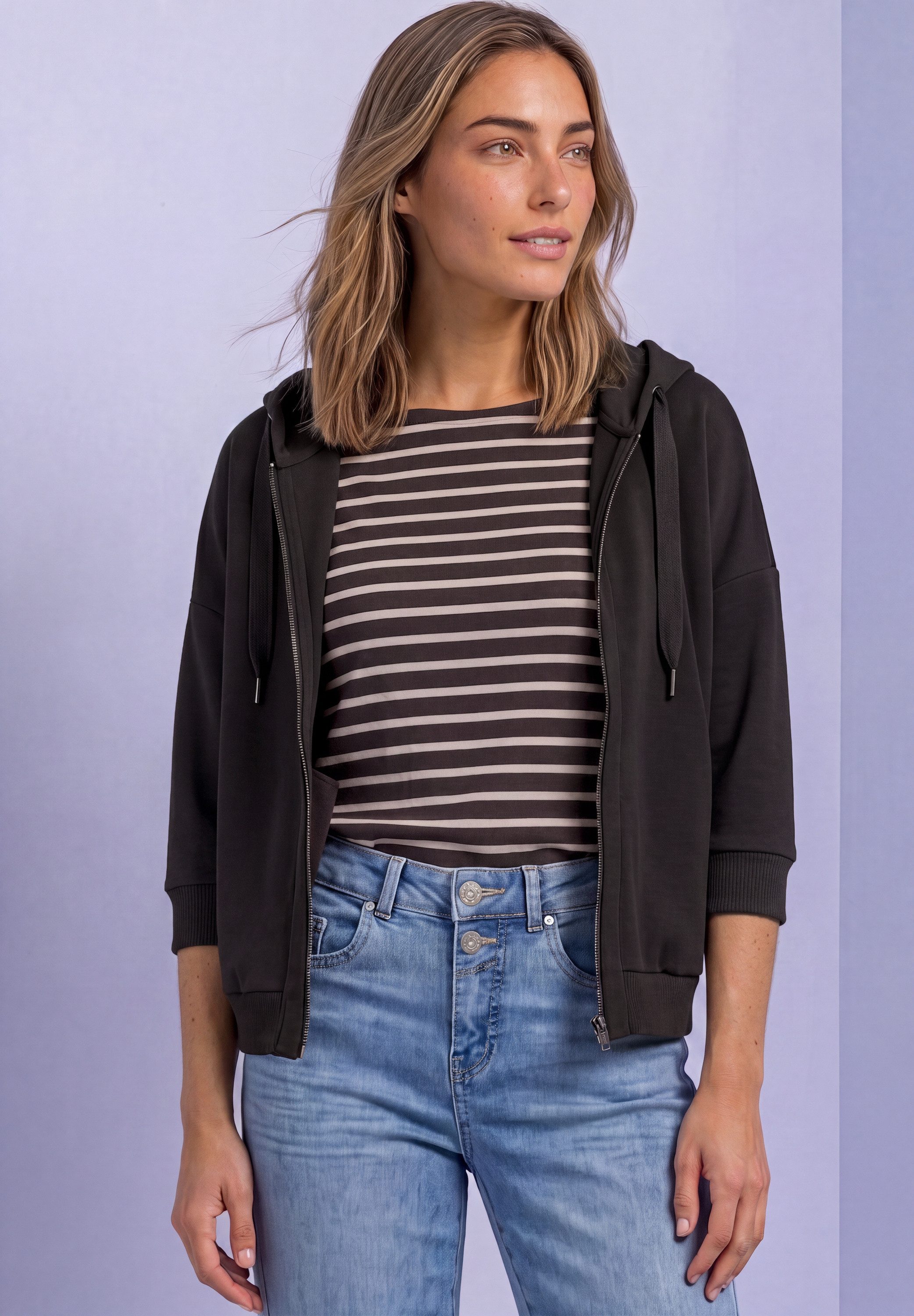STREET ONE Sweatjacke 3/4-Arm Jacke im Silk-Look mit Rippdetails