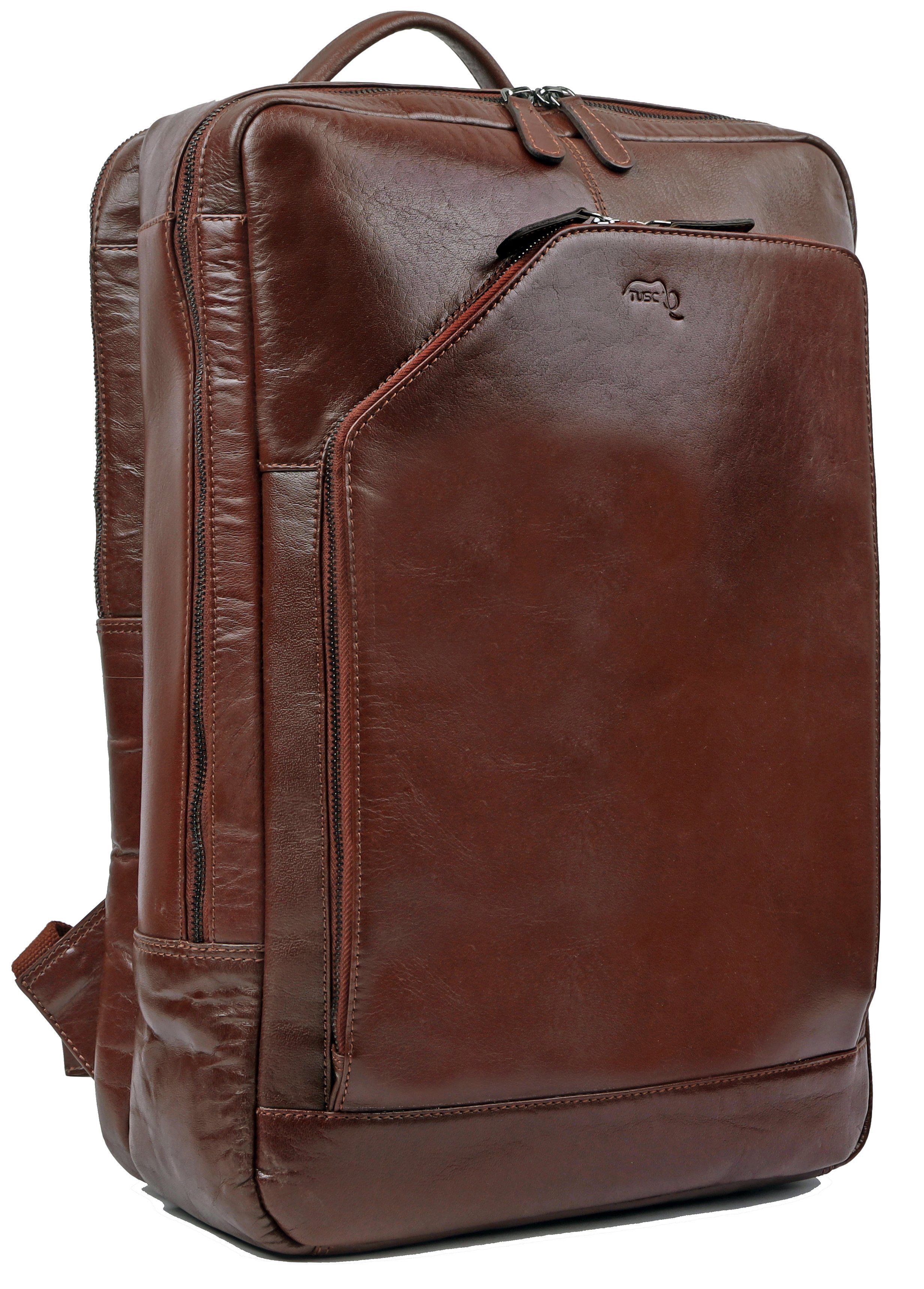 TUSC Tagesrucksack Corvus 17L, Premium Rucksack aus Leder für Laptop bis 17,3 Zoll. Cinnamon