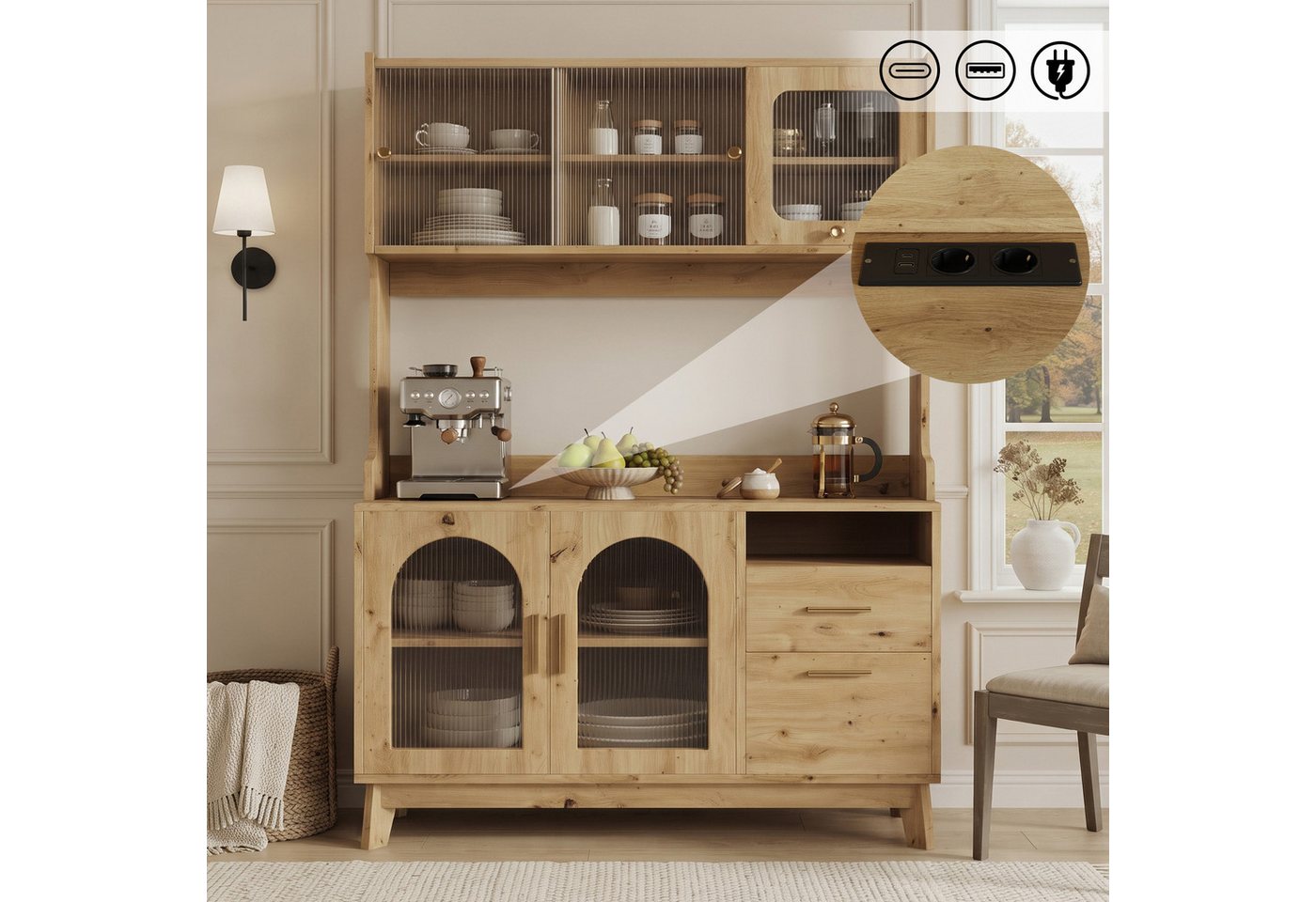 Flieks Küchenbuffet Hochschrank mit Arbeitsplatte, Steckdosen, Acryl-Schiebetüren (B120xT40xH178 cm, 1-St) Küchenschrank Mehrzweckschrank mit verstellbare Ablagen Weiß