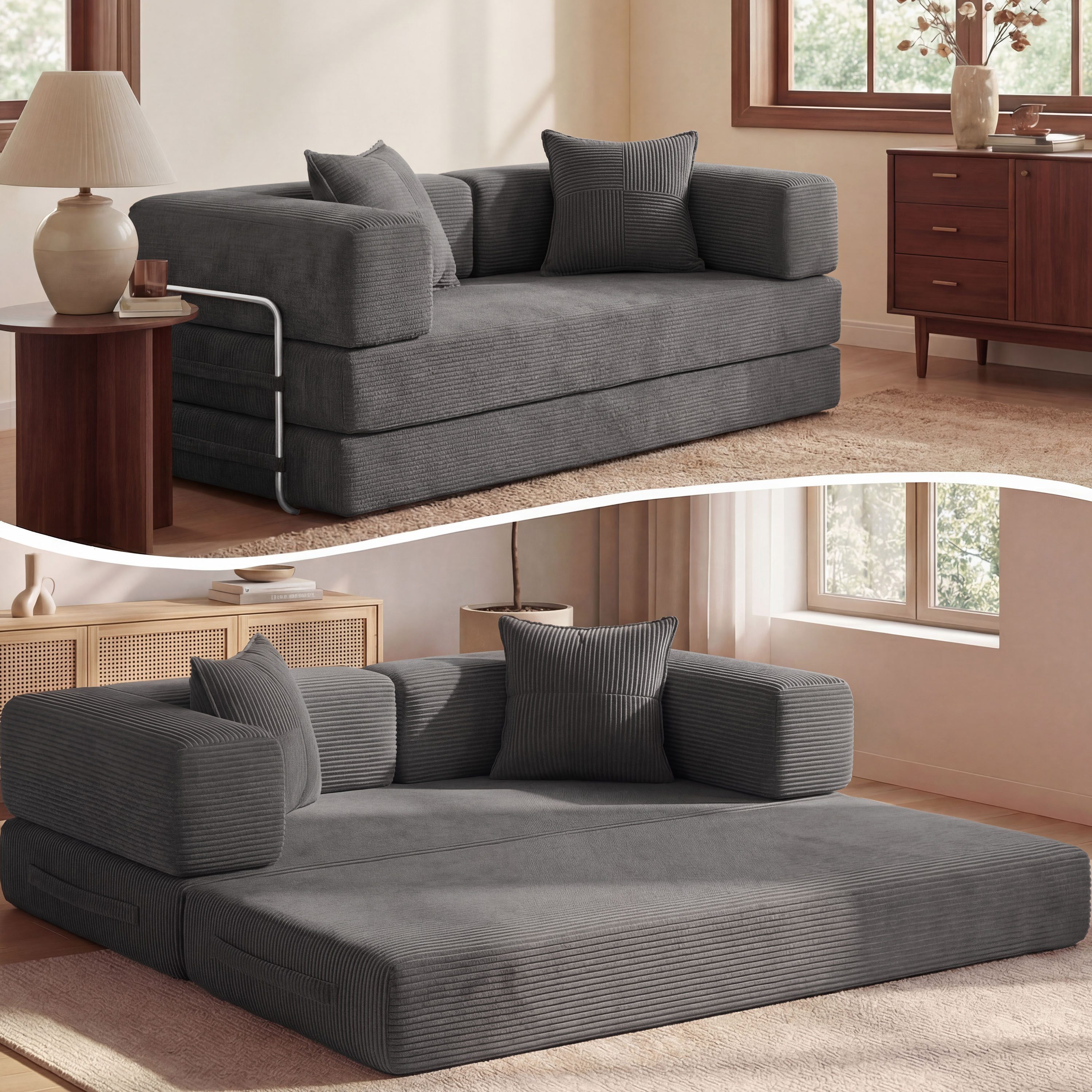 Vipbear Sofa 5-in-1 Wandelsofa aus Cord, Modulares Bodensofa, 1 Teile, montagefrei, Grau