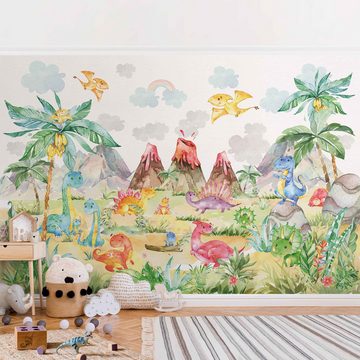 Bilderdepot24 Kindertapete Wilde Dinowelt Aquarell Wald Illustration Kinder Natur Landschaft bunt, Glatt, Matt, (Inklusive Gratis-Kleister oder selbstklebend), Mädchenzimmer Jungenzimmer Babyzimmer Bildtapete Fototapete Wandtapete