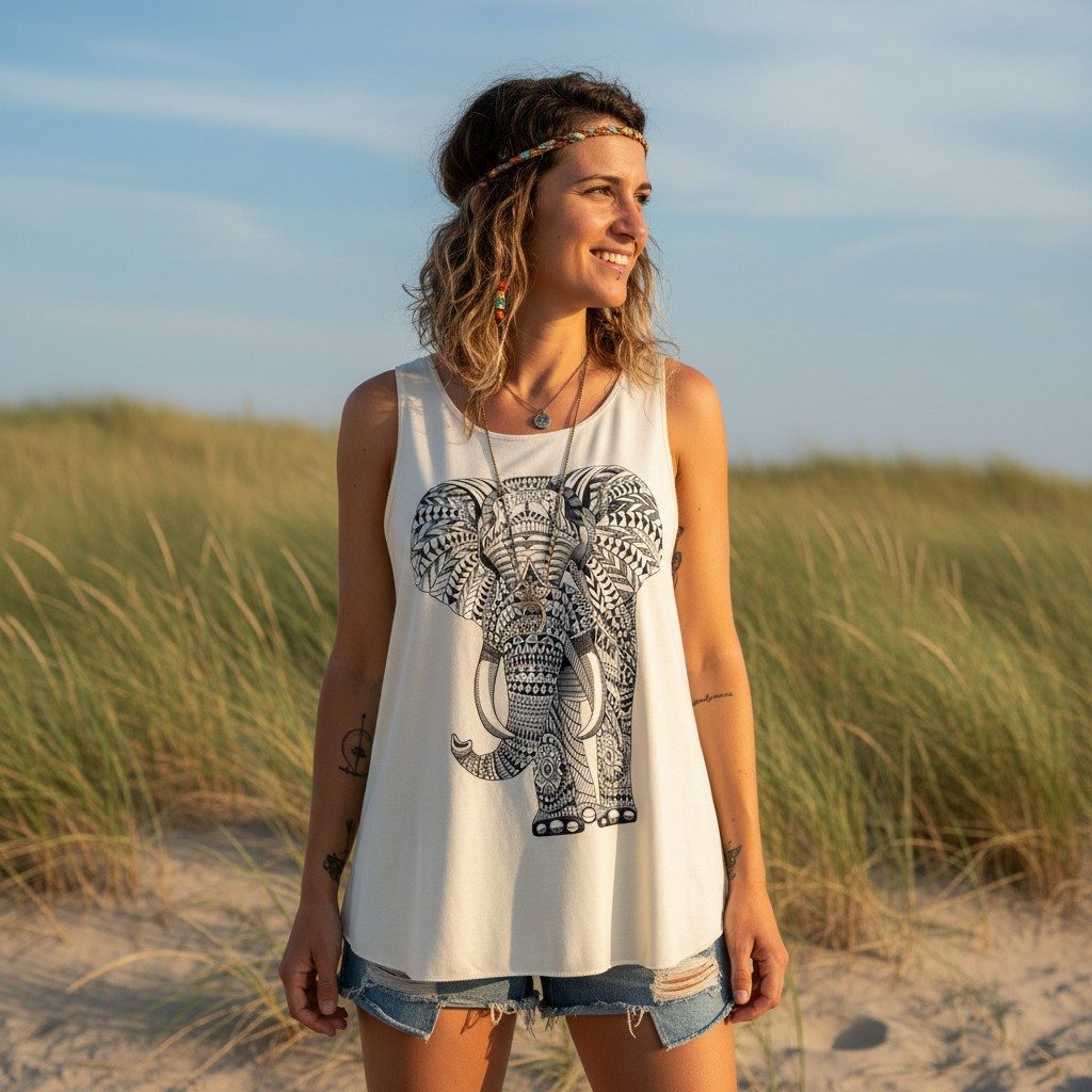 Guru-Shop T-Shirt Retro Art Tanktop mit Ethnodruck - Elefant creme Festival günstig online kaufen
