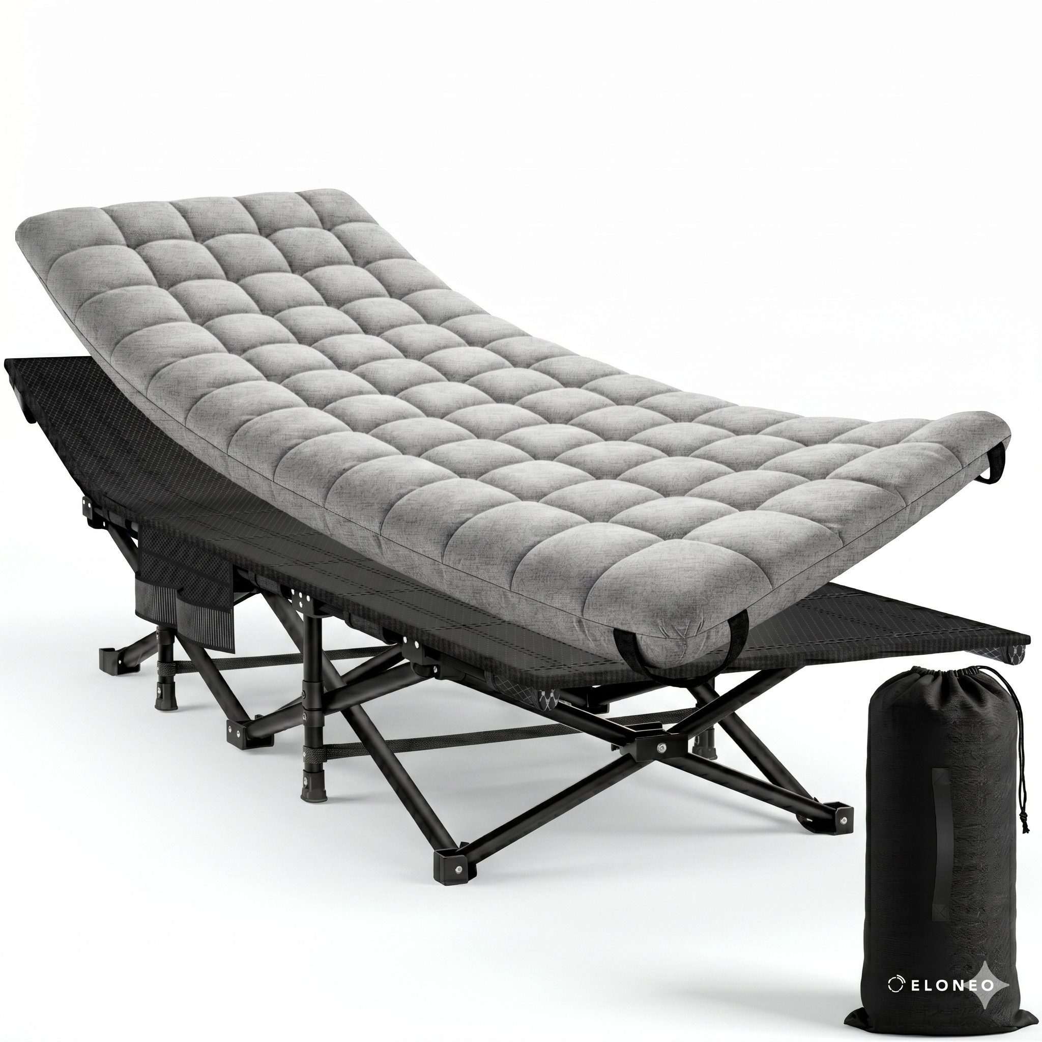 ELONEO Feldbett mit premium Auflage – klappbares Camping- und Gästebett pop-up Funktion, 200kg Traglast