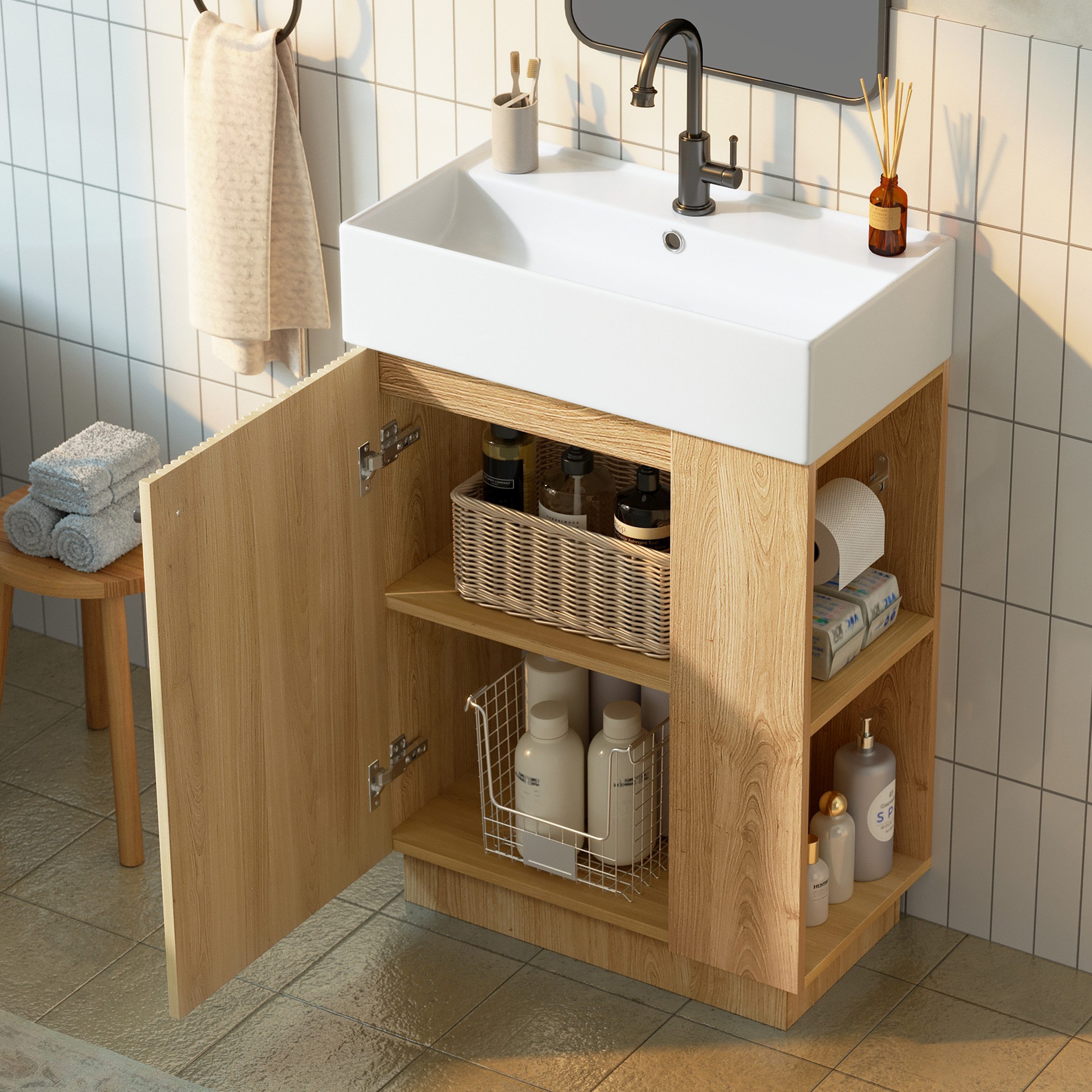 Merax Waschtisch mit Waschbecken, Badmöbel freistehend, geriffelte Holzoptik (55×32×87cm, 1-St., Unterschrank ohne Wasserhahn), Badzimmerschrank mit Soft-Close Tür, Stauraum & Toilettenpapierhalter