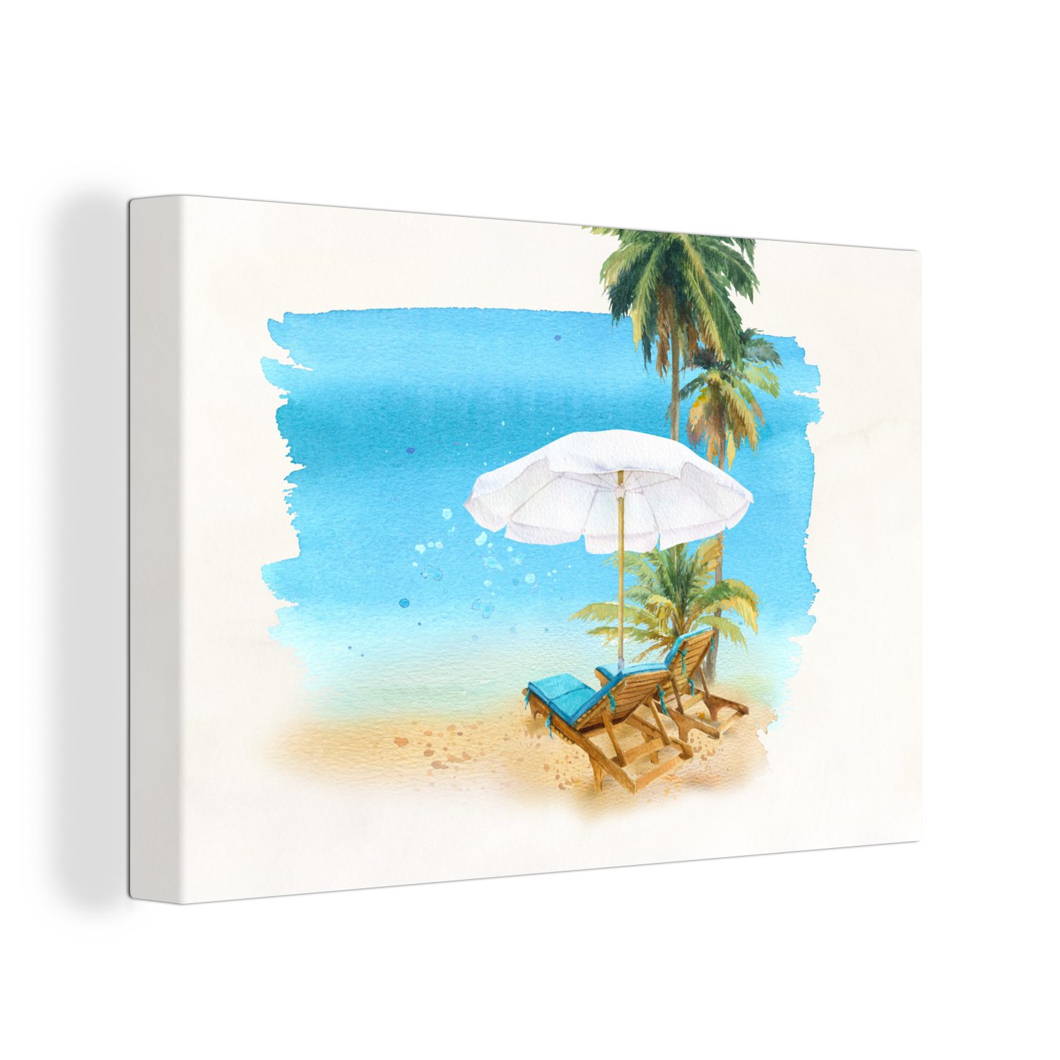 OneMillionCanvasses® Leinwandbild Strandkorb - Sonnenschirm - Palmen - Wasserfarben, (1 St), Wandbild Leinwandbilder, Aufhängefertig, Wanddeko, 30x20 cm