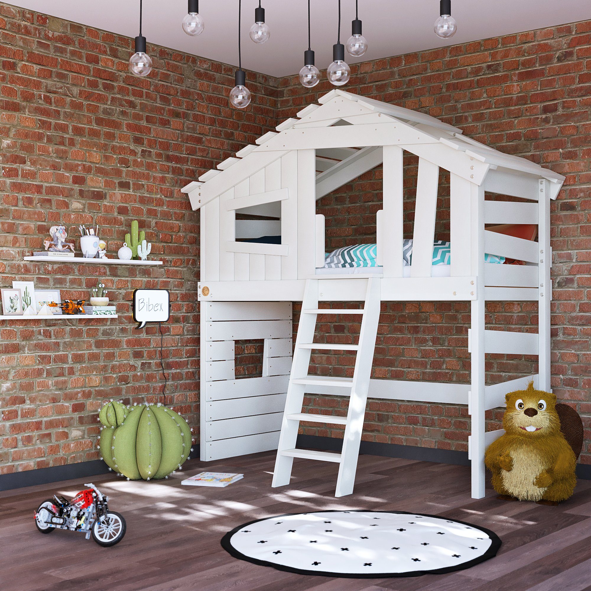 bibex Hochbett ALPIN CHALET Hochbett, Kinderbett, Doppelbett - Creme-Beige