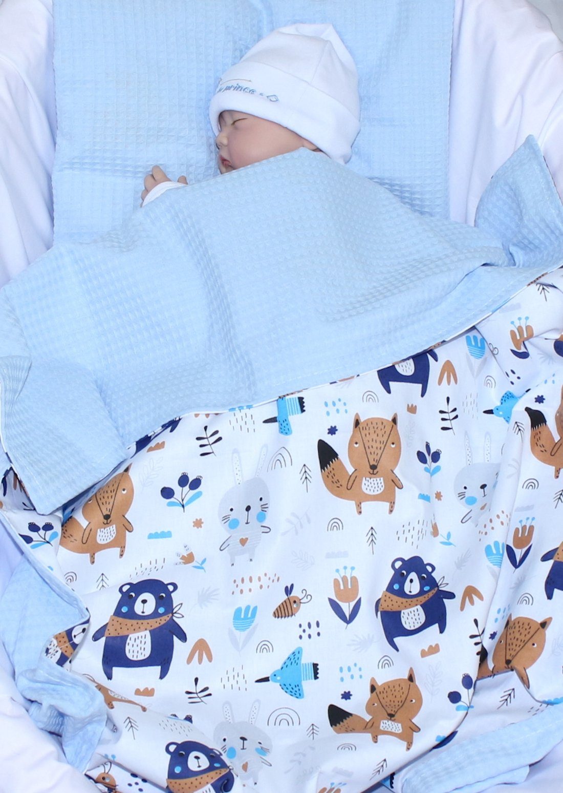 Babydecke Babydecke Waffelpiqué Baumwolle Blau Primawela Kinderwagendecke, Waldtiere Kuscheldecke 