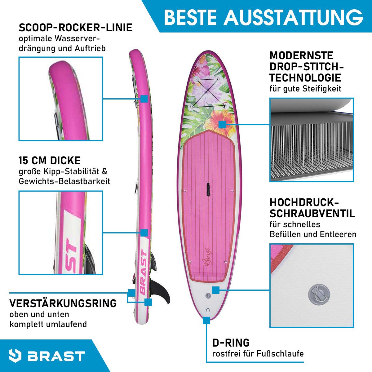 BRAST SUP-Board Aufblasbares Stand up Paddle Set für Frauen viele Modelle, (300x76x15cm), incl. Zubehör, 5 Jahre Garantie, Fußschlaufe Paddel Pumpe Rucksack