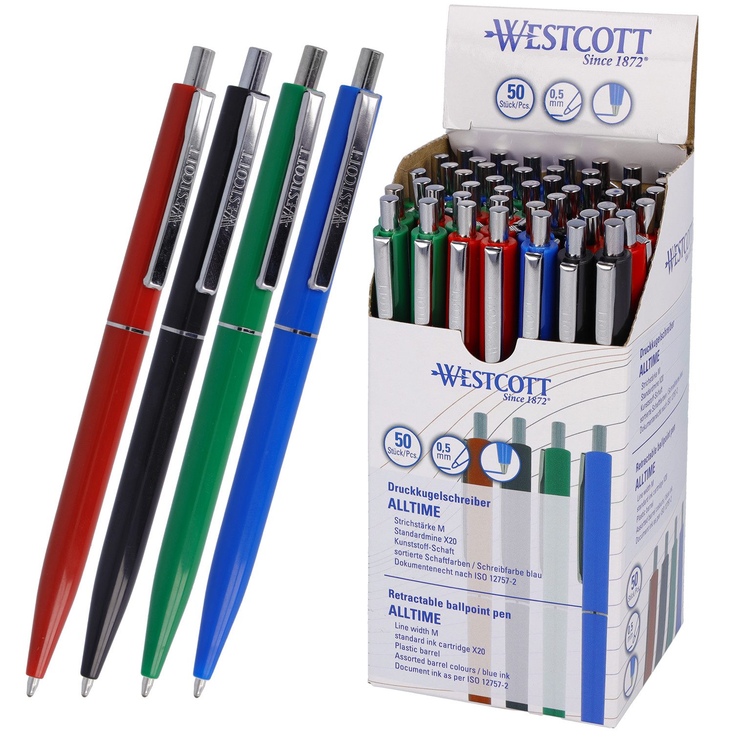 WESTCOTT Druckkugelschreiber Kugelschreiber ALLTIME Mix 50 Stück, blaue Tinte, X20 Mine, (Vorteilspack, 50-tlg), Dokumentenecht nach ISO 12757-2, Stabiler Metallclip