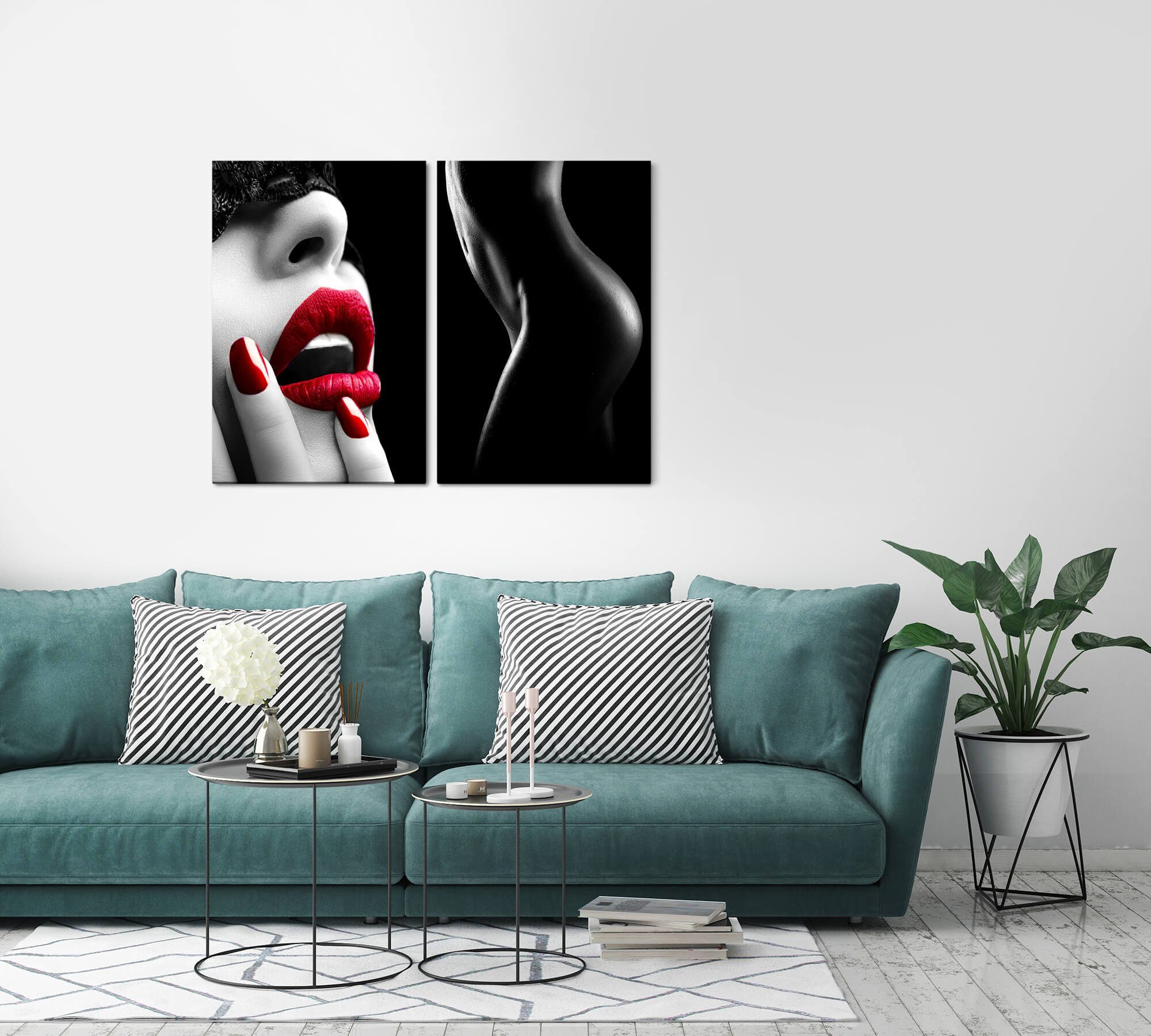 Sinus Art Leinwandbild 2 Bilder je 60x90cm Akt Rote Lippen Sinnlich Verführerisch Erotisch Weiblich