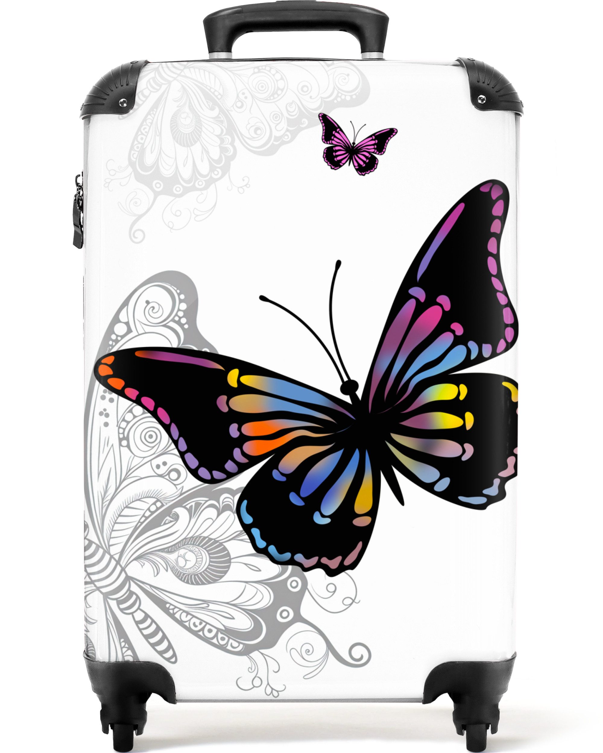 NoBoringSuitcases.com© Kinderkoffer Schmetterling - Regenbogen - Weiß - Design 55x35x20cm, Reisetasche mit Rollen, Koffer Handgepäck Flugzeug