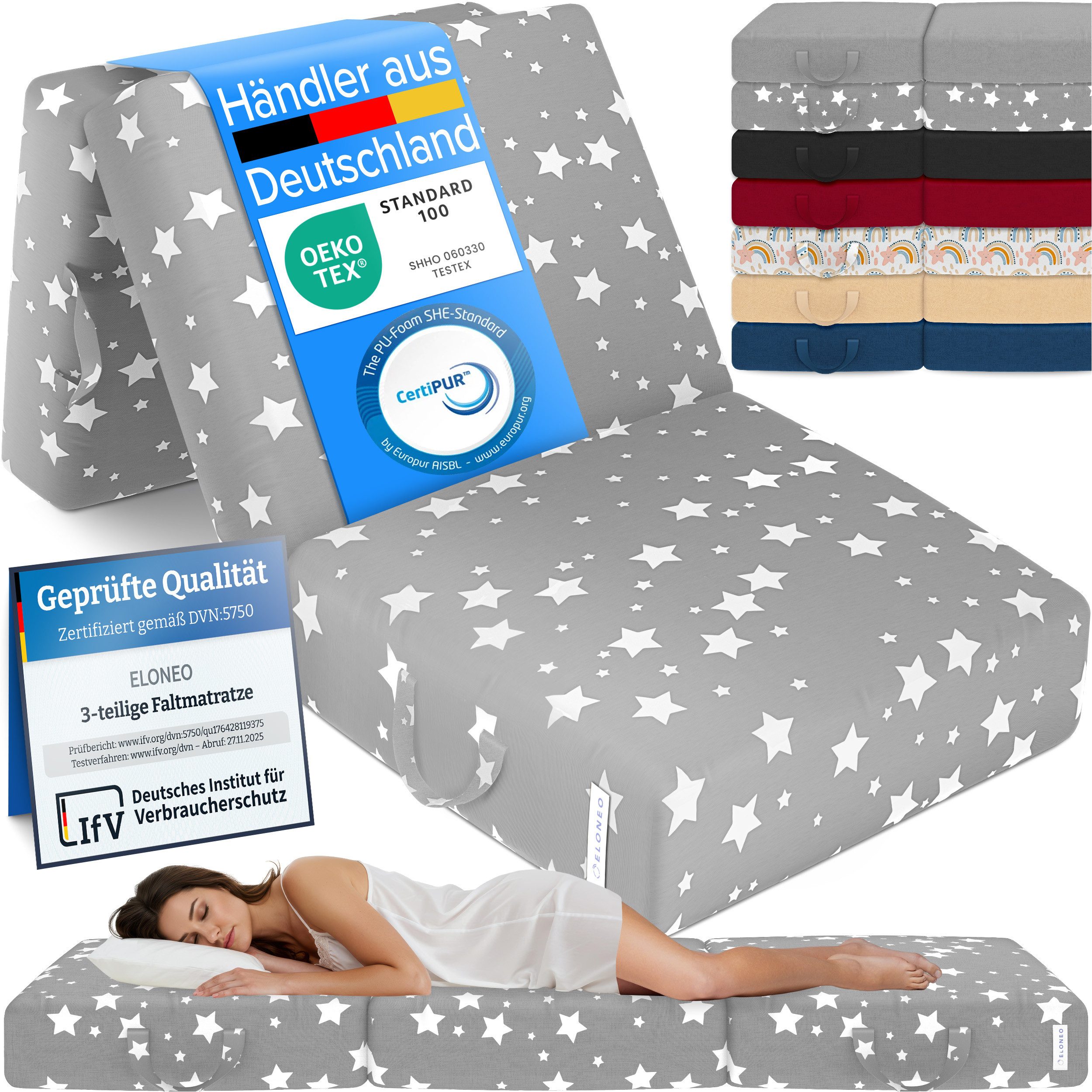 Klappmatratze 3-teilig, Gästematratze mit extra dickem Schaumstoff, ELONEO, 15 cm hoch, waschbarer Bezug, geeignet für Hausstauballergiker, schadstoffgeprüft