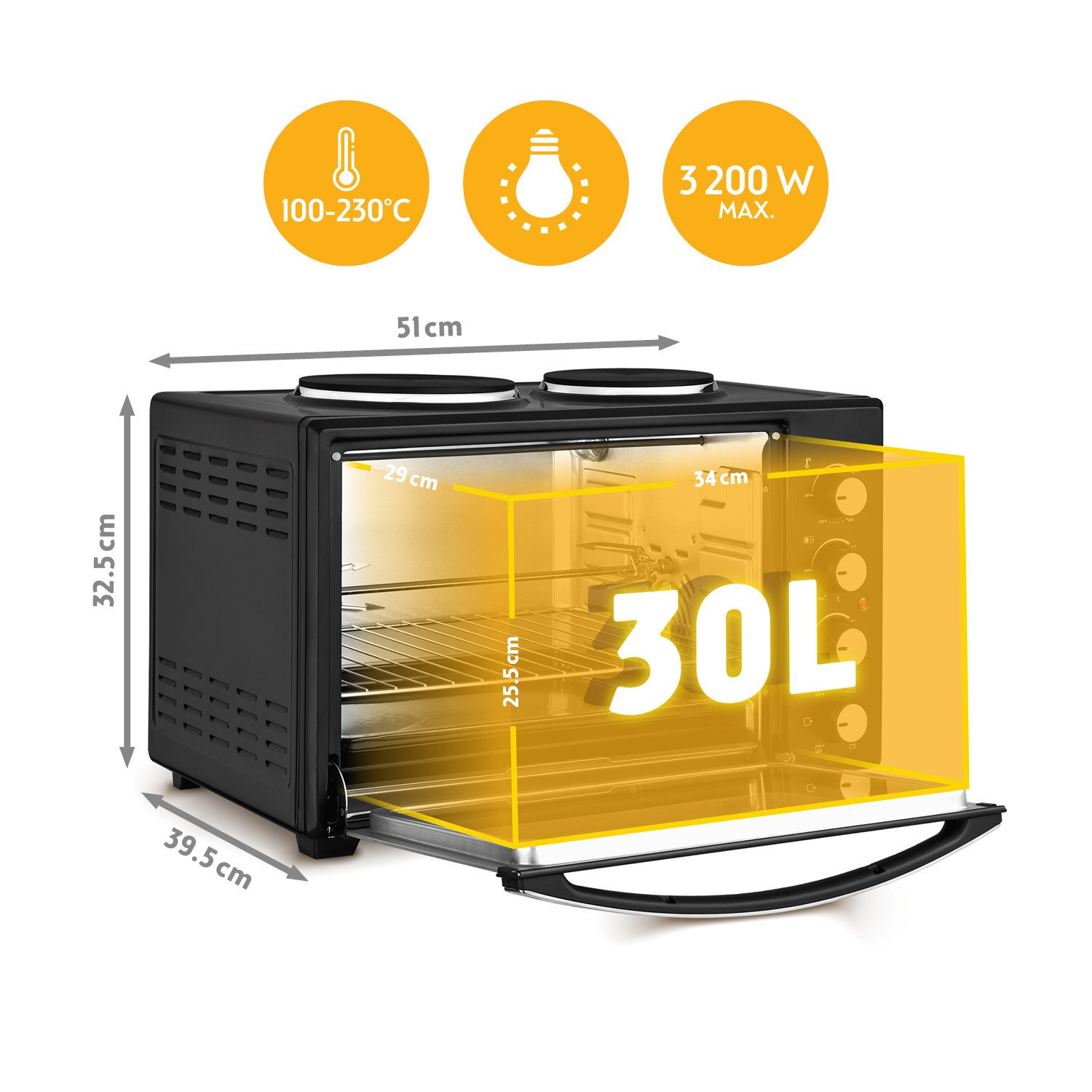 TZS FIRST AUSTRIA Minibackofen Pizzaofen mit Kochplatten, 30L, 3200W, Mini Backofen mit Umluft, max 230°C, Backblech, Drehspieß, Grillrost, Innenbeleuchtung