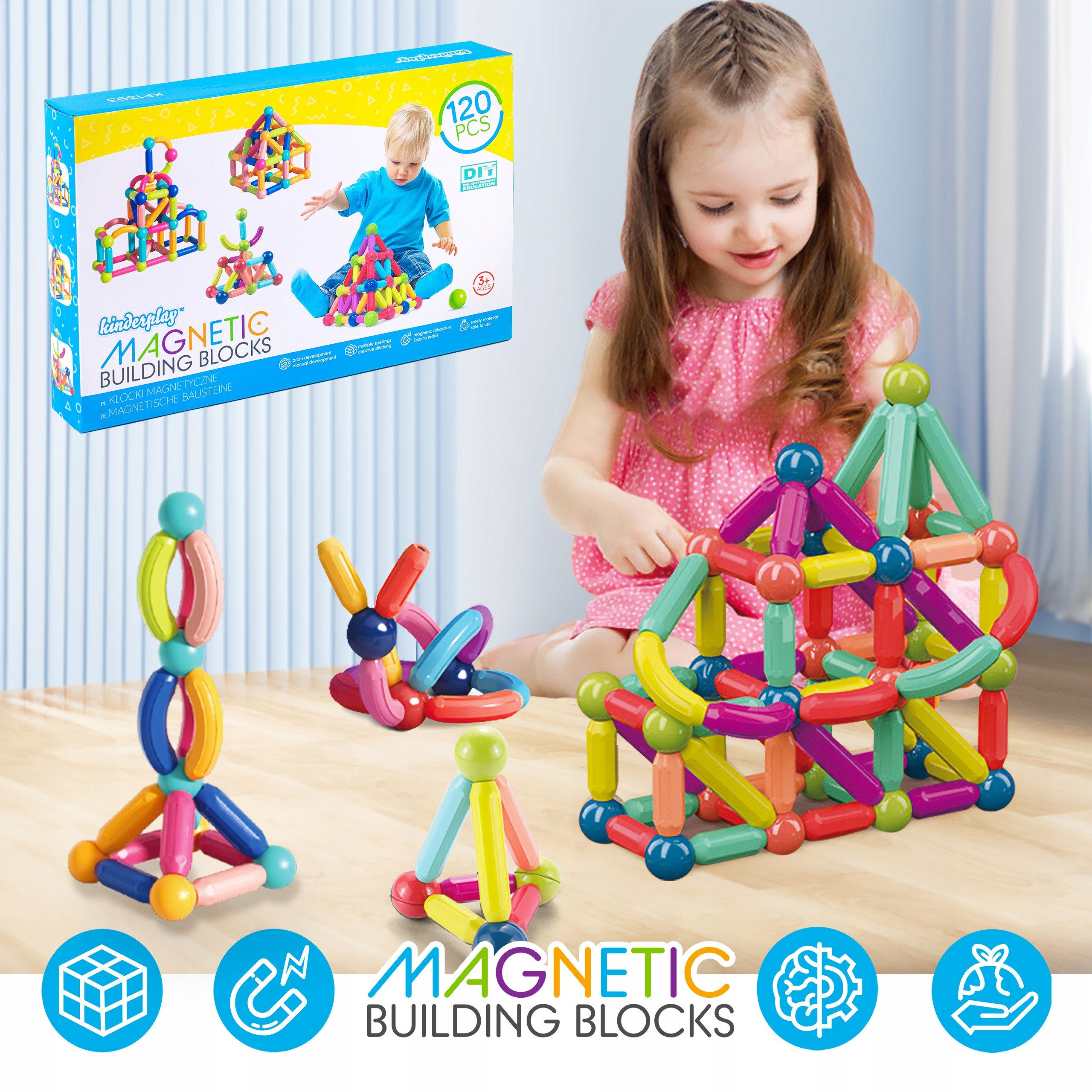 kinderplay Magnetische Konstruktionsbausteine – 120 Teile – Lernspielzeug Kinder Magnetspielbausteine, (Set, Magnetische Konstruktionsbausteine XXL 120 Teile) – Bild 3 von 5