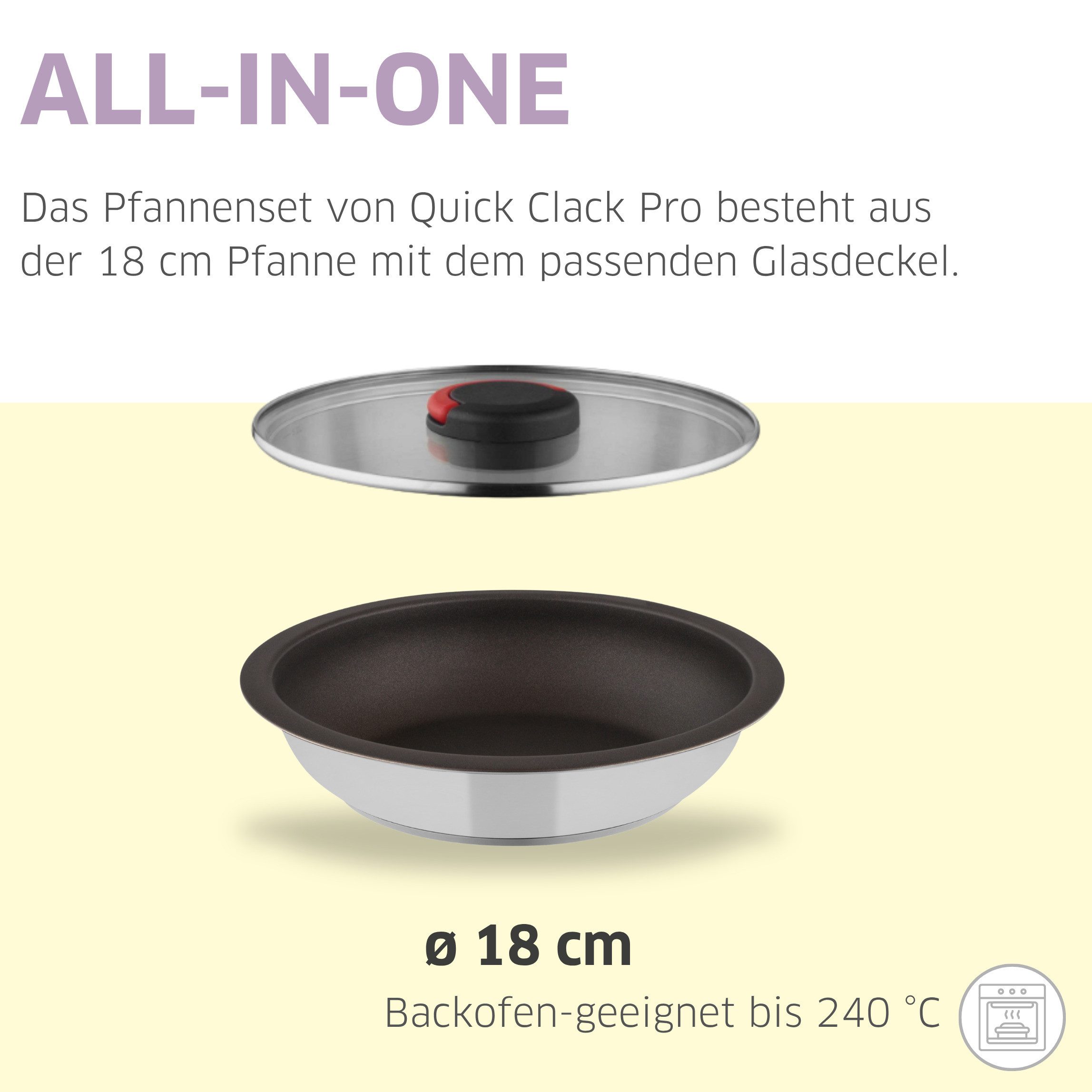 Kuppels Pfannen-Set QUICK CLACK PRO, 18/10 (5-tlg., vielfach kombinierbar), besonders platzsparend, abnehmbare Griffe