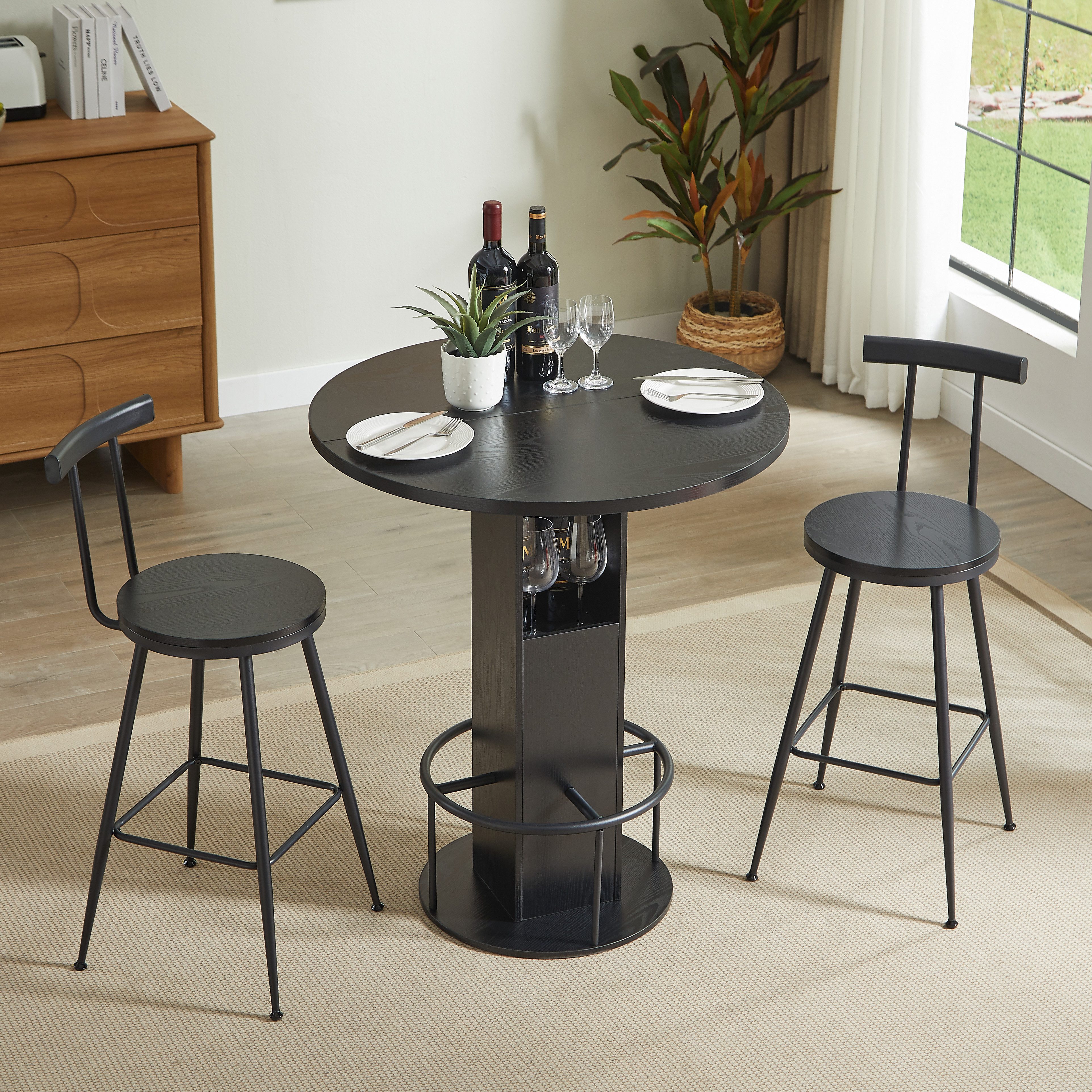 HAUSS SPOLE Essgruppe 3-teilig Bar-Tisch- und Hocker-Set mit 1 Rundtisch + 2 Hockern,Schwarz, (Siutzgruppe bietet bequem Platz für vier Personen, flexibel in einen Esstisch, Couchtisch, Freizeittisch), für Esszimmer, Cafés, Bars, Wohnzimmer