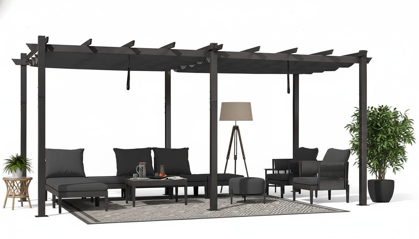 PURPLE LEAF Pergola Aluminium Pavillon mit Schiebedach, Wasserdichte Pergola mit verstellbarem Schatten und UV-Schutz