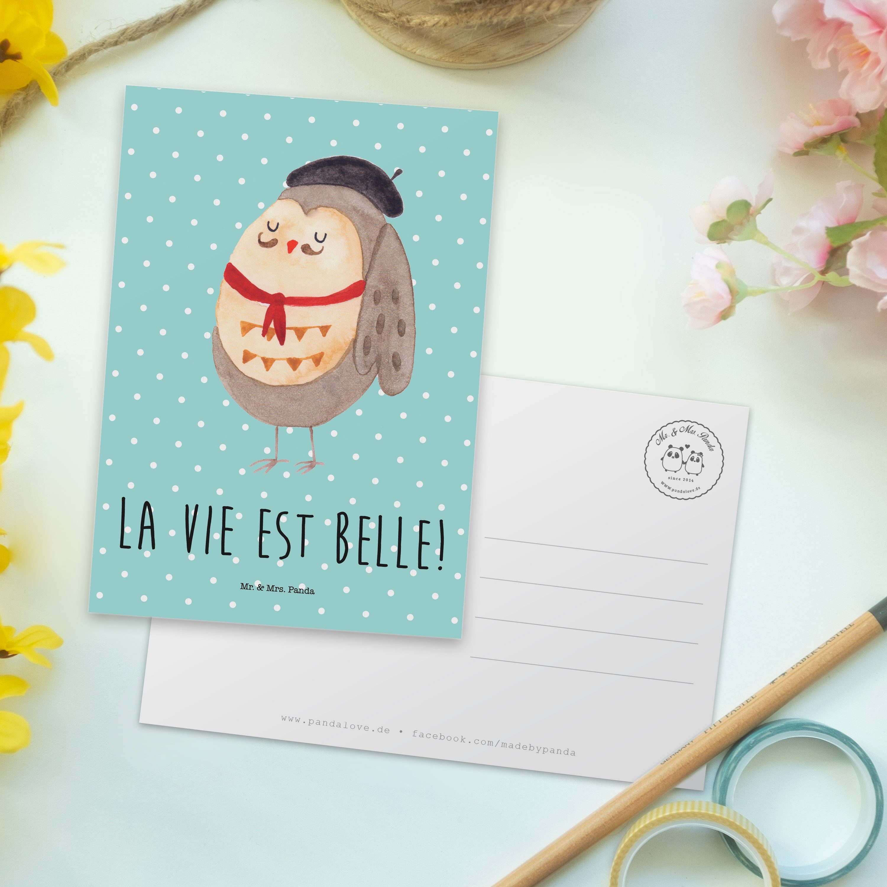Türkis - Geschenk, Französisch & Mr. Panda Eule Geburtst Postkarte Pastell Geschenkkarte, Mrs. -