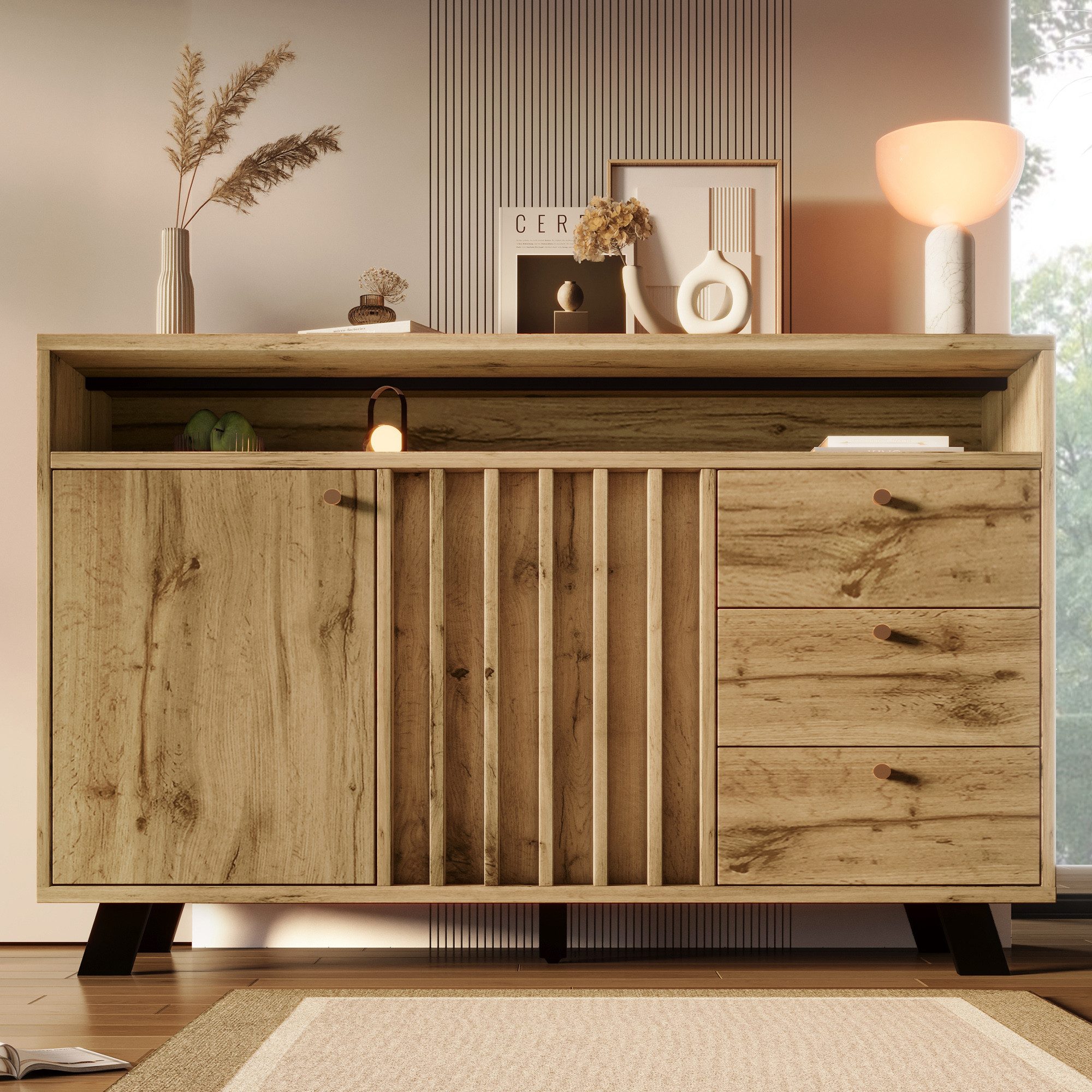 Flieks Kommode mit 3 Schubladen, 2 Türen und verstellbarer Ablagen (1 St., 120x40x85 cm), Sideboard Mehrzweckschrank Holzschrank Eichefarbe