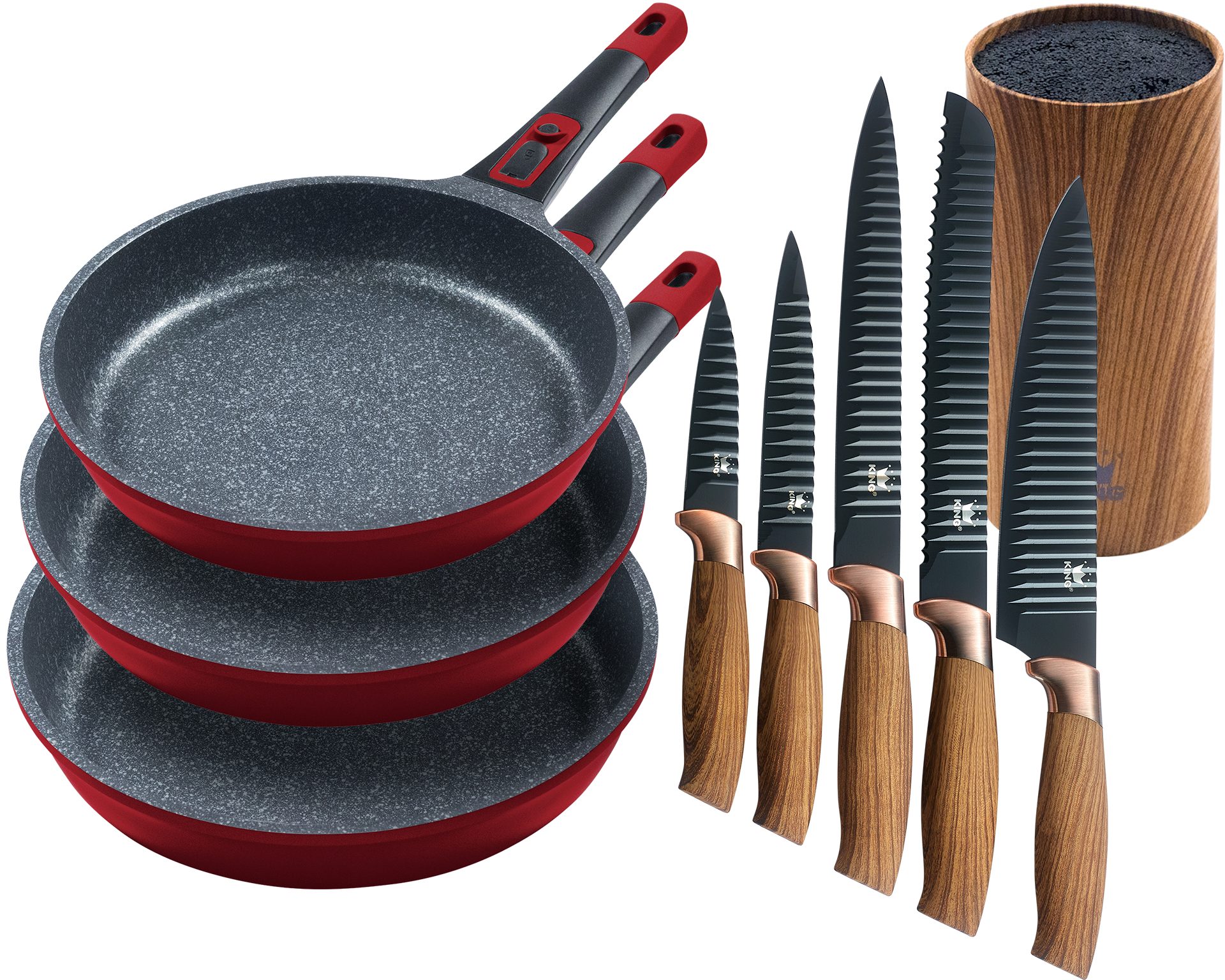 KING Pfannen-Set »Moonscape 3er«, inkl. Messer-Set und Messerblock, Aluminiumguss (Set, 9-tlg., 3 Pfannen, 5 Küchenmesser, 1 Messerblock), Induktion, abnehmbarer Griff, MOONSCAPE-Beschichtung