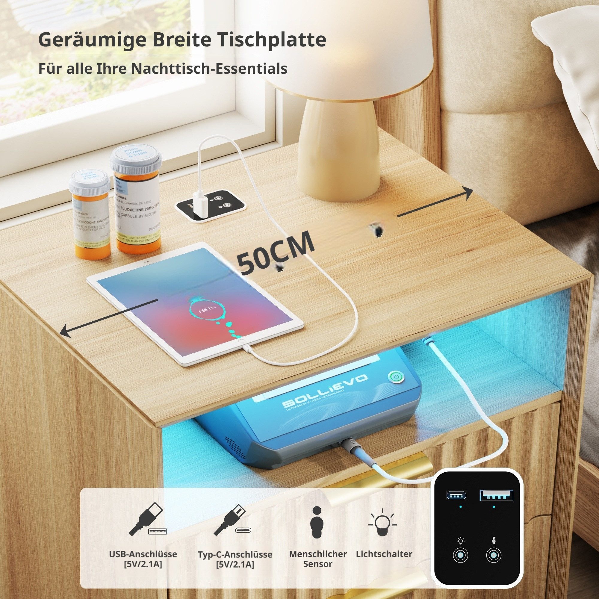 LVSOMT Nachttisch im Mid-Century-Modern-Stil, mit Ladestation und LED-Beleuchtung (1-St), versteckte Schublade mit RFID-Schloss & offenes Ablagefach – Bild 3 von 5
