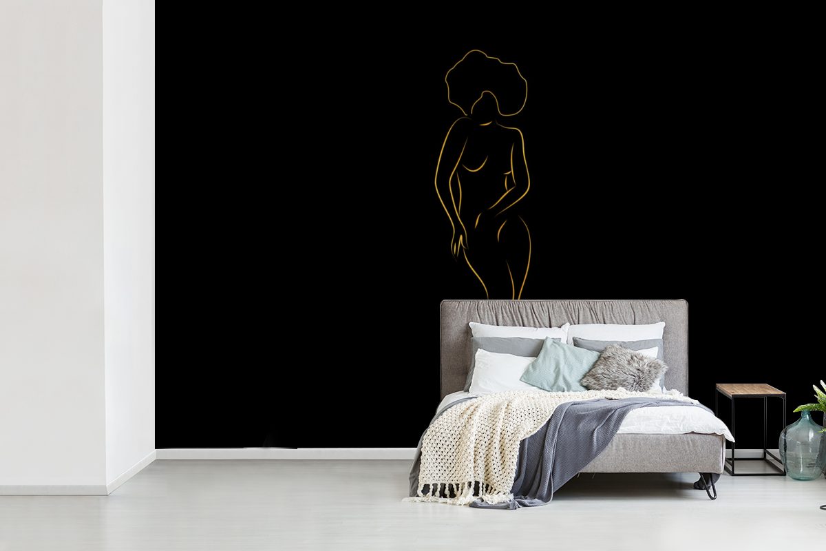 - (6 Schwarz - Frau Wallpaper Wohnzimmer, Strichzeichnung, St), bedruckt, für Fototapete MuchoWow Matt, Gold Kinderzimmer, Vinyl - Tapete Schlafzimmer,