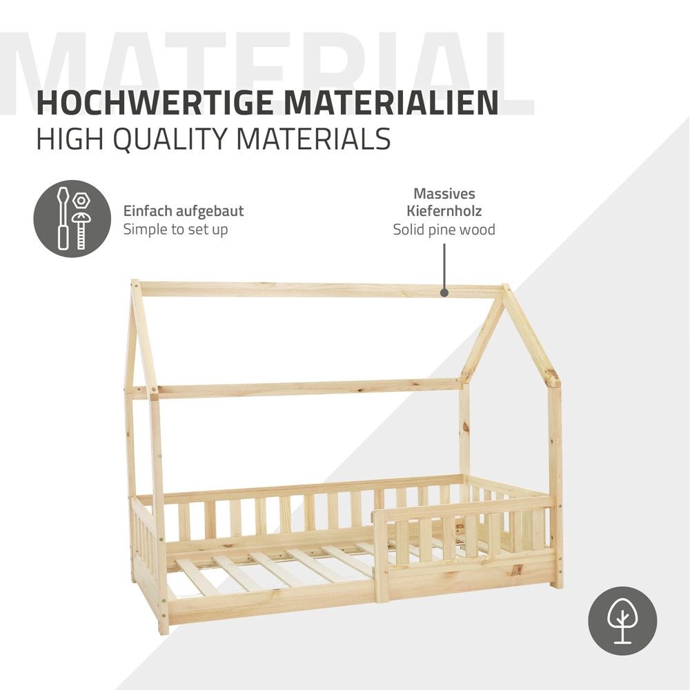 ML-DESIGN Spielbett Hausbett Kinderbett inkl. Lattenrost kreativ Bodenbett für Kinder, Abenteuerbett zum Spielen mit Rausfallschutz Kiefer Natur Himmelbett – Bild 5 von 5