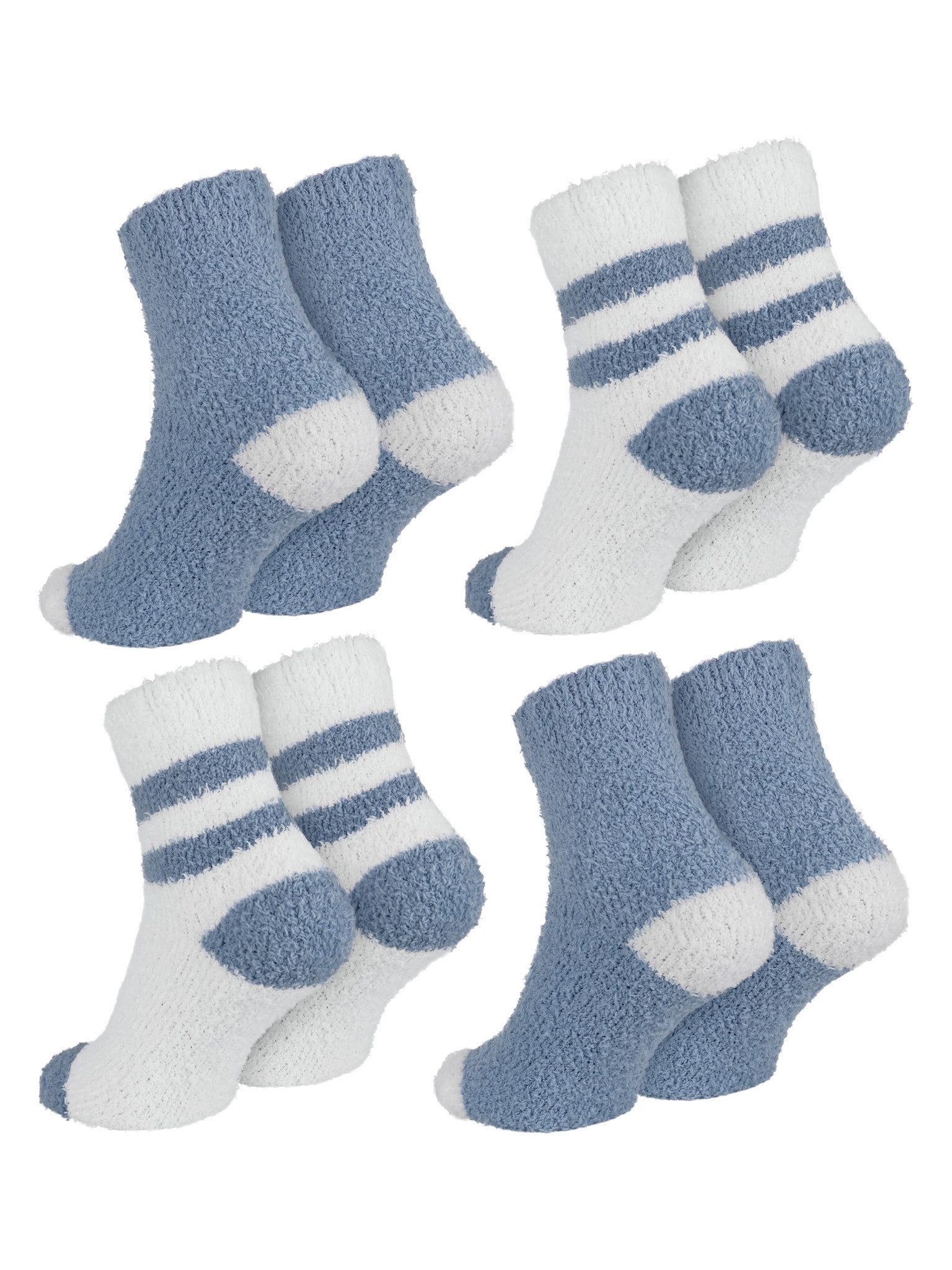 Black Snake Kuschelsocken warme Flauschsocken für Damen für zu Hause und als kleine Geschenkidee (Socken-Set, 4-Paar, Blau/Weiß One Size) dick und weich gestrickt mit Bündchen am Schaft und zwei Tönen je Set