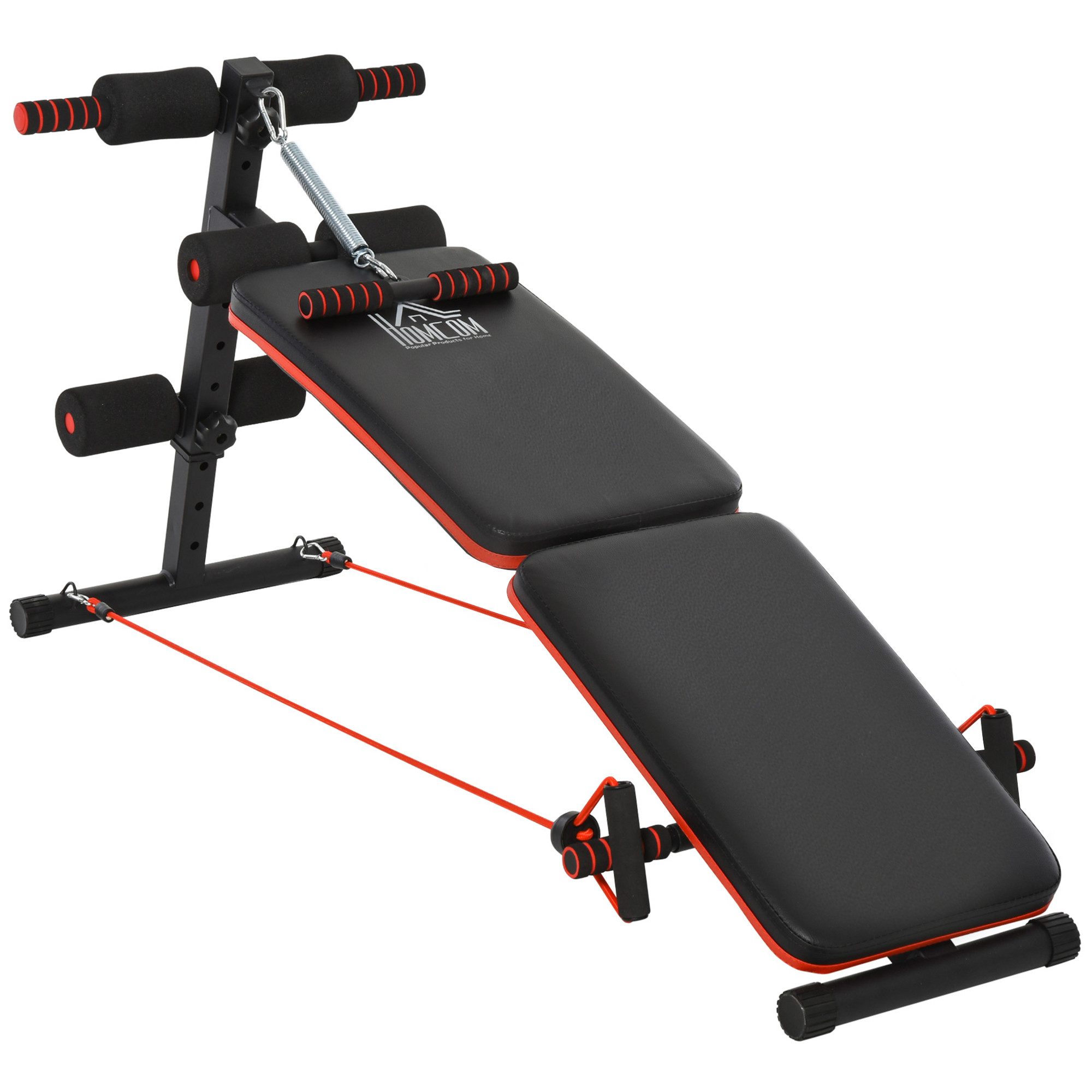 Fine Life Pro Bauchtrainer Sit Up Bank Bauchtrainer verstellbar & klappbar, (Multifunktions Trainingsbank mit Trainingsseilen), 110 kg Belastbarkeit, Stahl Schwarz Rot