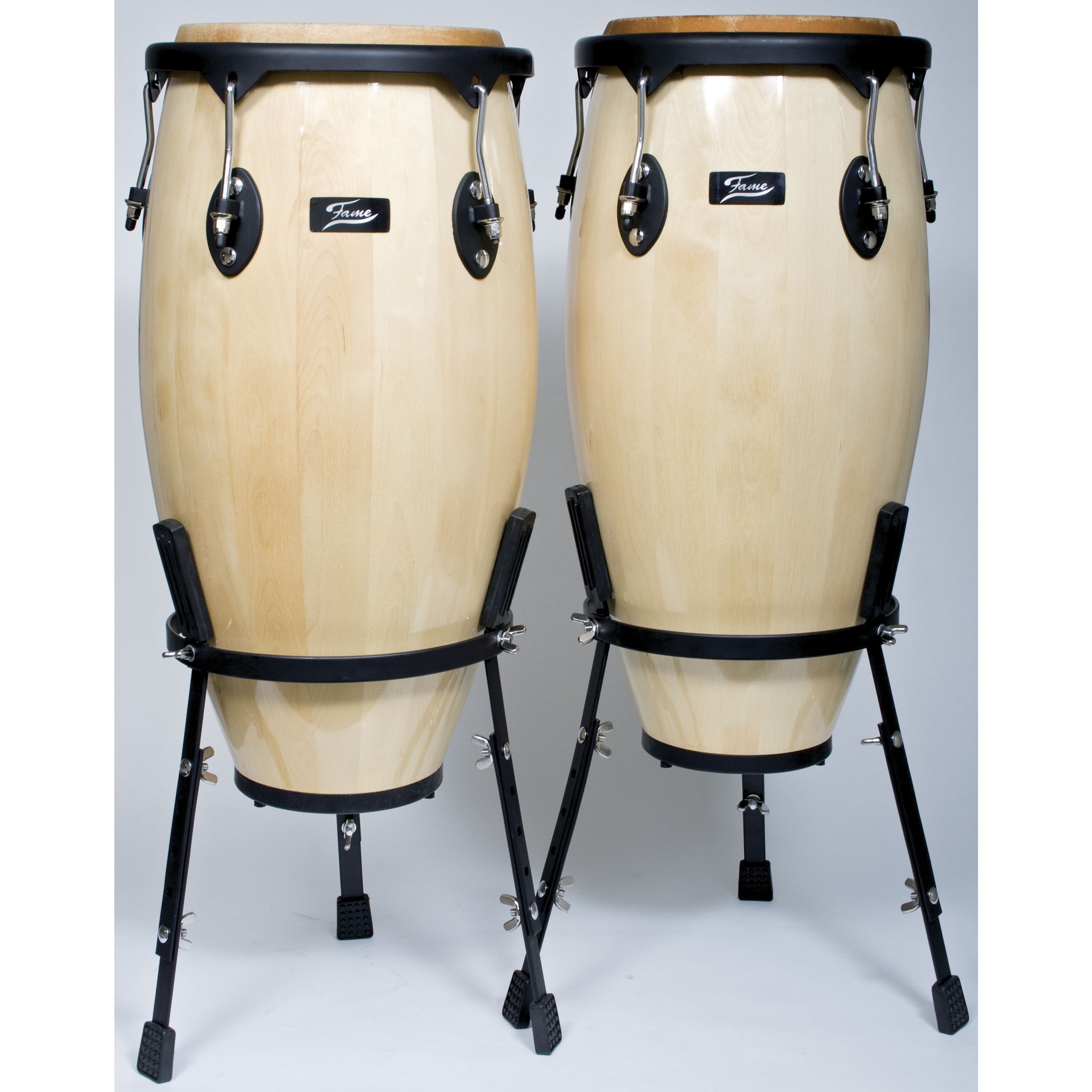 FAME Conga,Conga Set 11" 12" in Naturholz Black HW Höhenverstellbarer Ständer Mechanisch Stimmbar Nappa-Fell für Voluminösen Klang Scharfe Slaps Ideal für Percussion Einsteiger", Percussion, Congas, Conga Set, Naturholz, Mechanisch Stimmbar