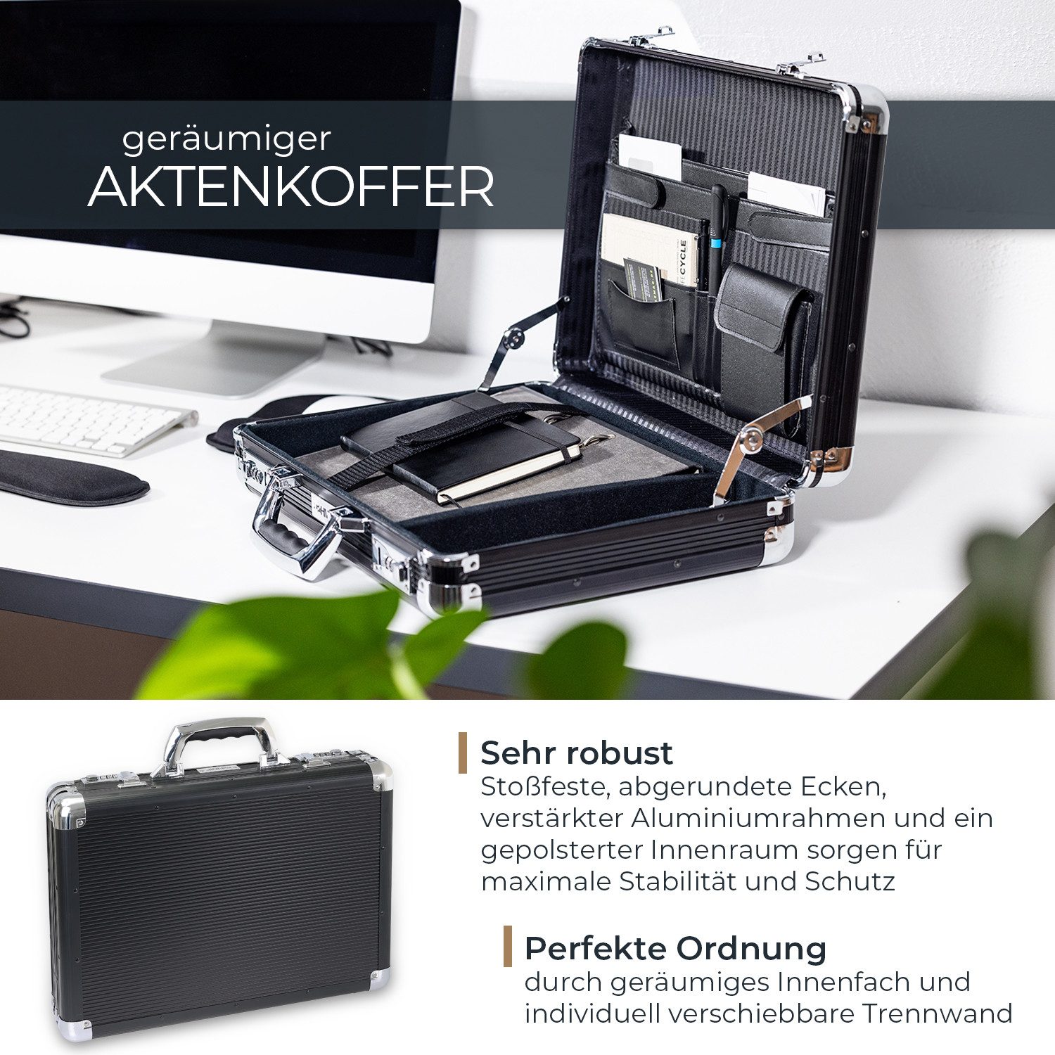 HMF Aktenkoffer Aktenkoffer Laptop bis 17,3 Zoll, Businesskoffer Herren Zahlenschloss, gepolstertem Laptopfach, Organizer im Deckel, 45 x 33 x 11 cm, Schwarz