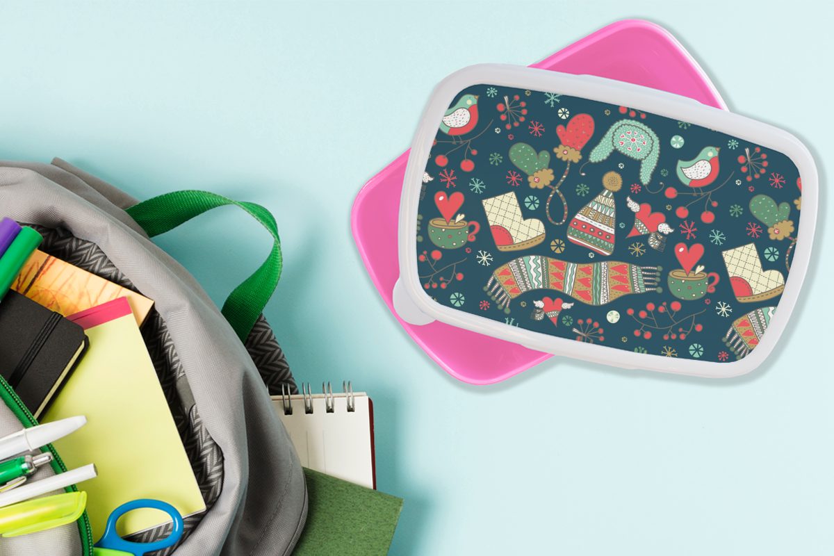 MuchoWow Lunchbox Winter - Mädchen, Snackbox, - - Brotbox Tee (2-tlg), Kunststoff, Erwachsene, Mütze, Kunststoff Handschuhe rosa für - Brotdose Kinder, Design