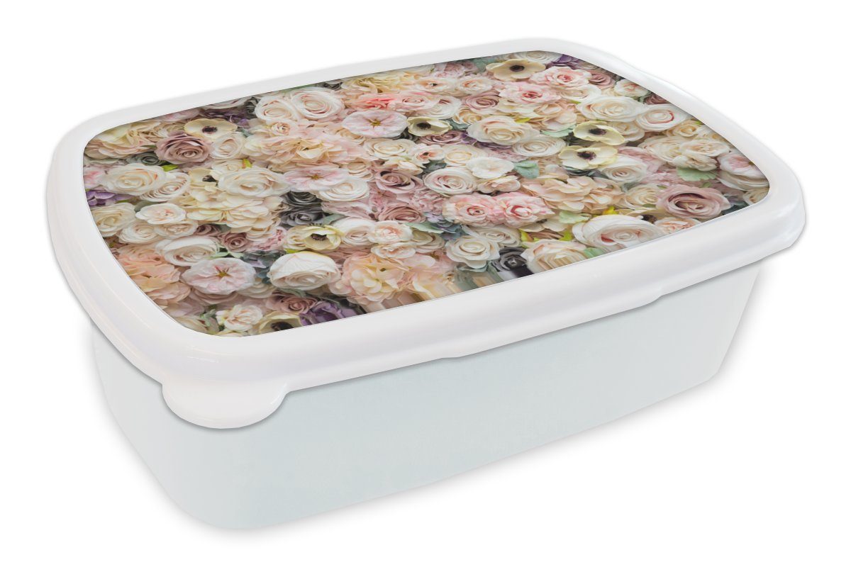 Brotbox Kinder Erwachsene, Blumen und Lunchbox - und Mädchen MuchoWow Kunststoff, Jungs Rosen (2-tlg), Brotdose, weiß - für Pastell, für